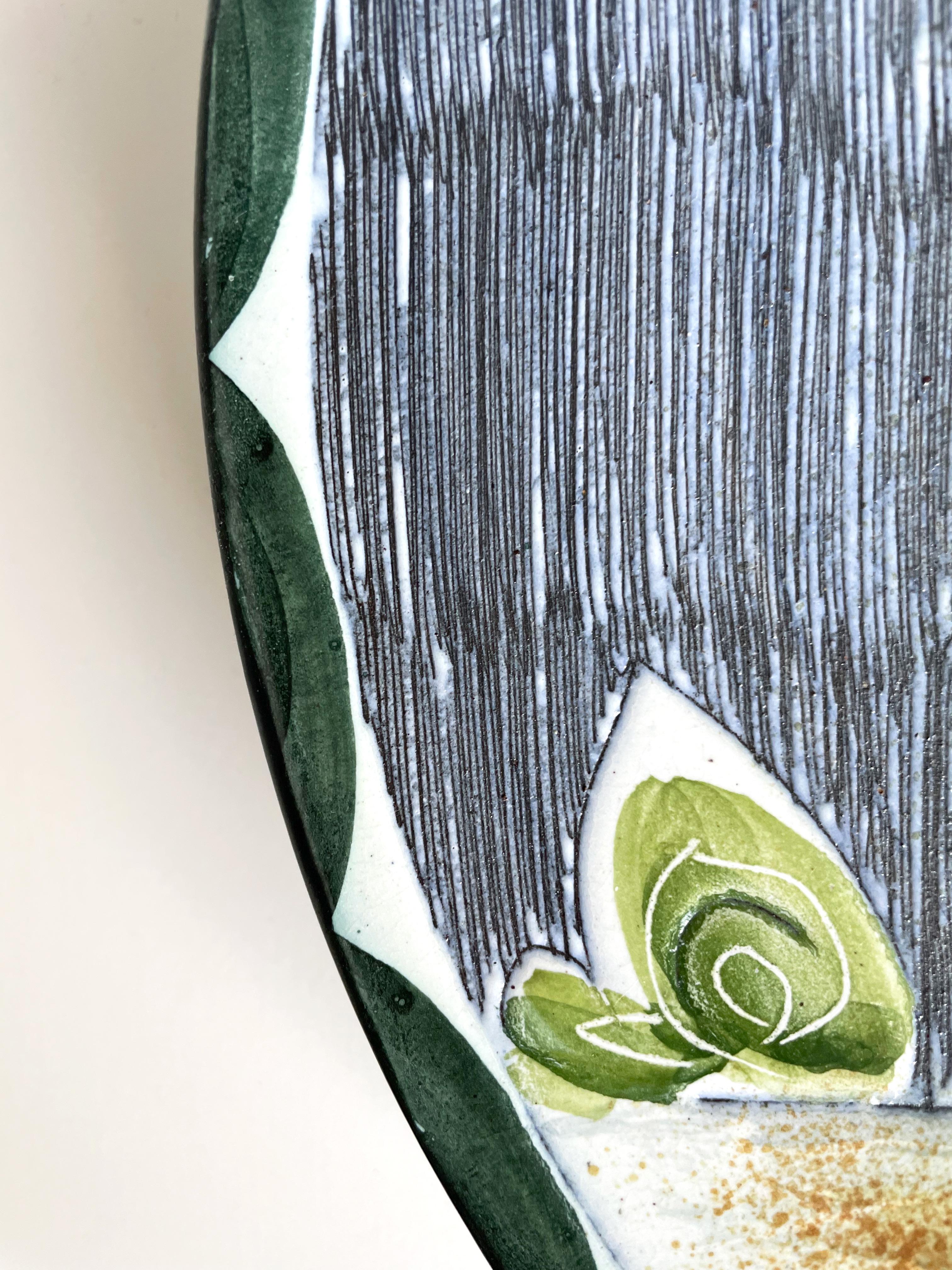 Glazed Swedish Floral Organic Modern Ceramic Wall Plate / Centerpiece, 1950s For Sale