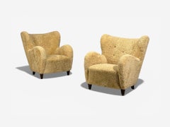 Swedish Modern, Organic Lounge Chairs, Shearling, Wood, Sweden, 1940s