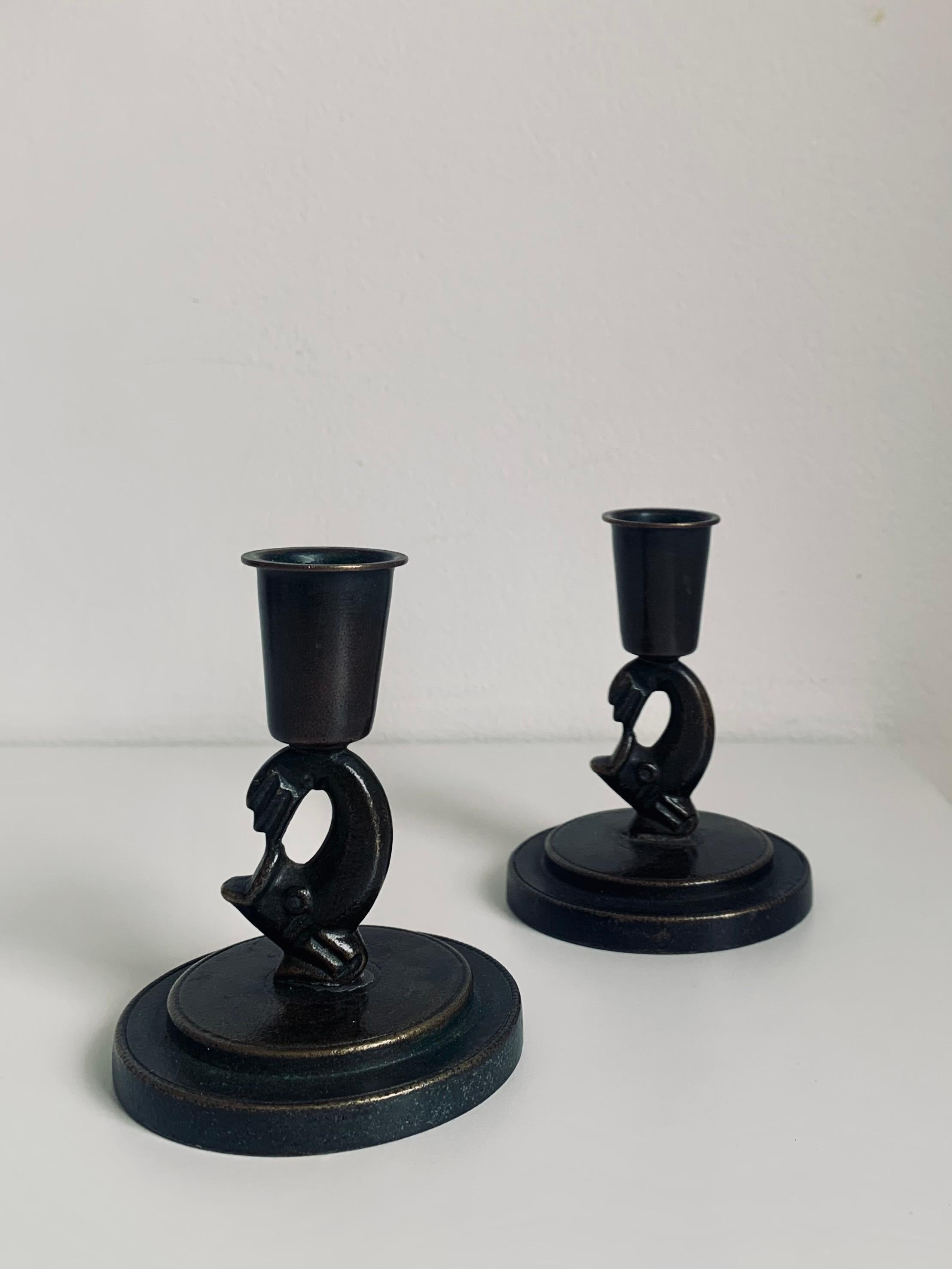 Scandinavian Modern Swedish Modern Patinated Bronze Candle Sticks by Ystad Brons, 1930s