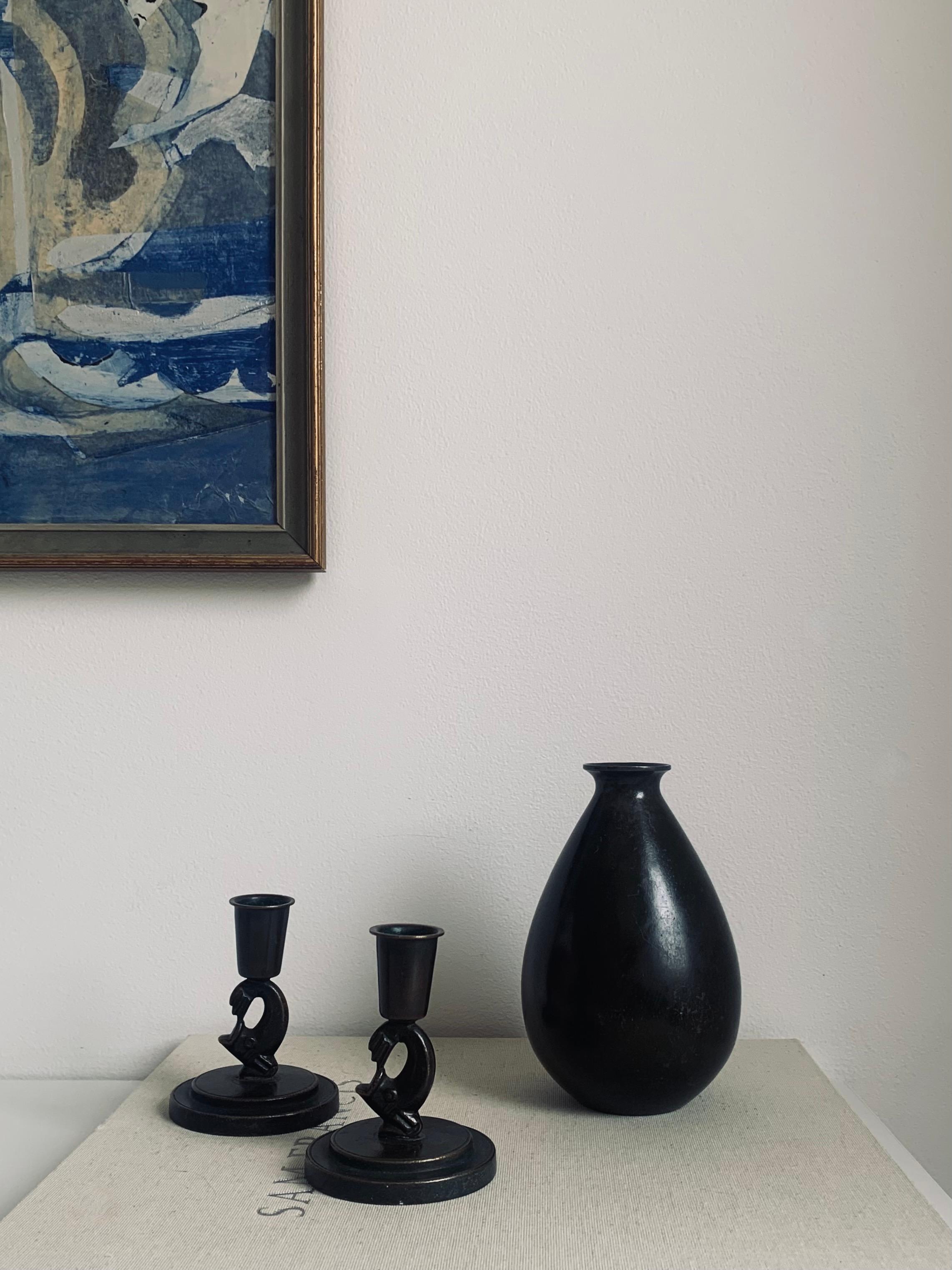 Cast Swedish Modern Patinated Bronze Candle Sticks by Ystad Brons, 1930s