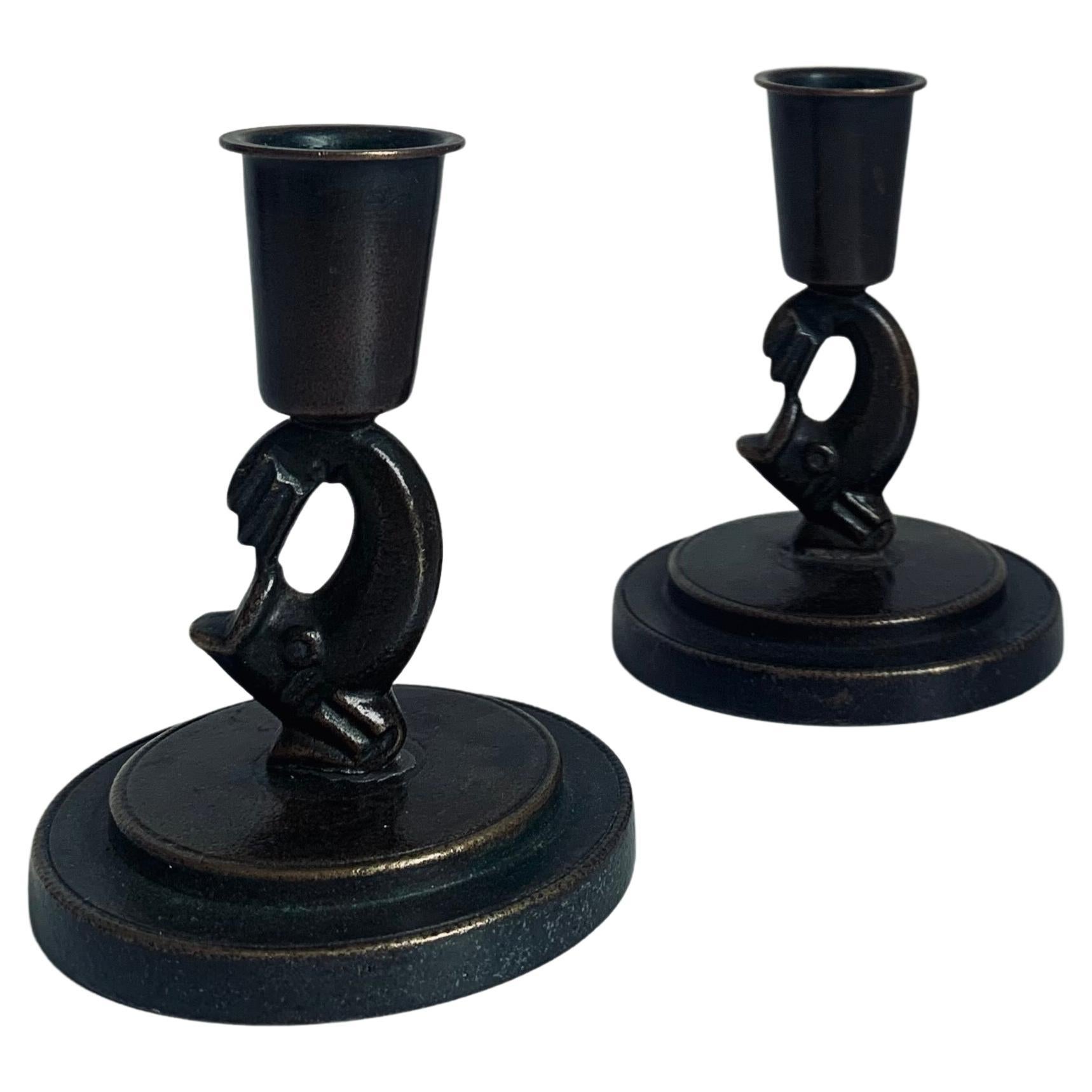 Swedish Modern Patinated Bronze Candle Sticks by Ystad Brons, 1930s