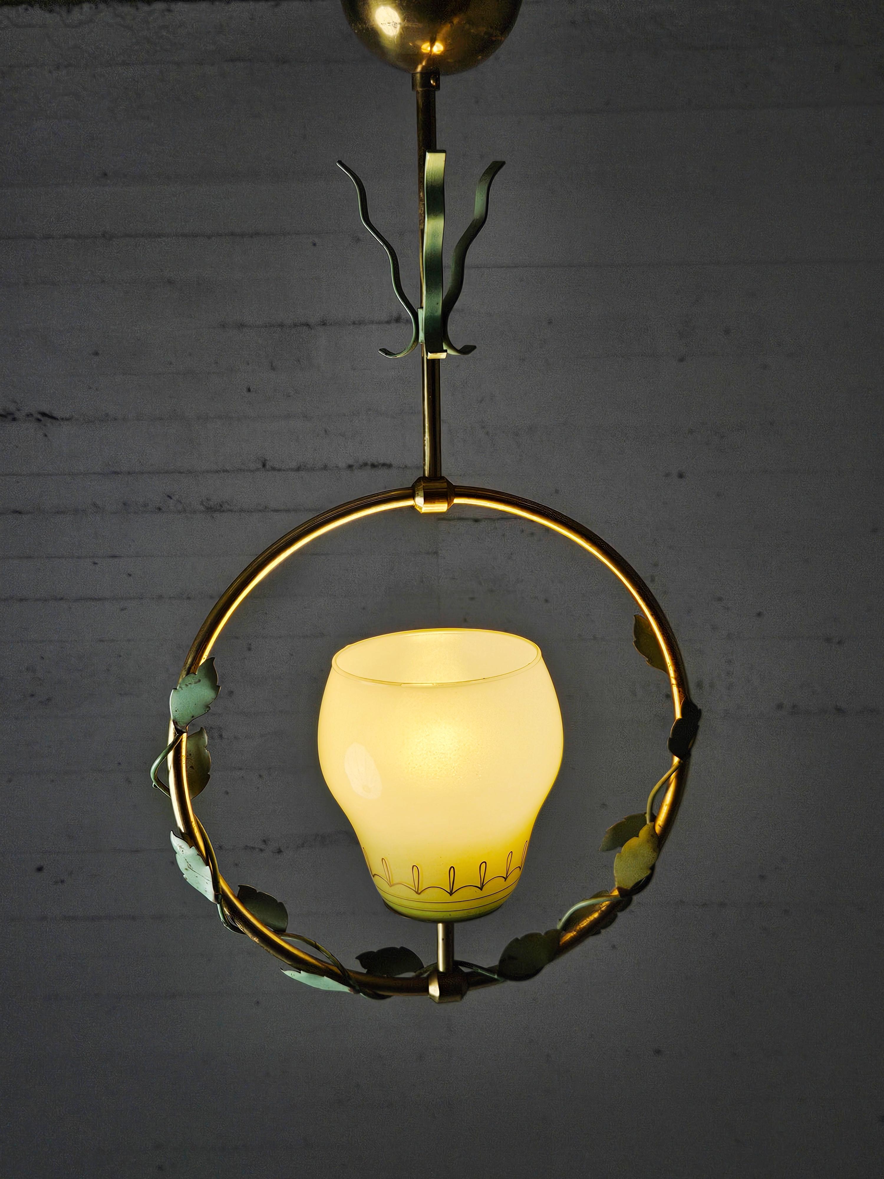 Metal Swedish modern pendant lamp, brass, metal and glass, ASEA, Sweden, 1940s For Sale