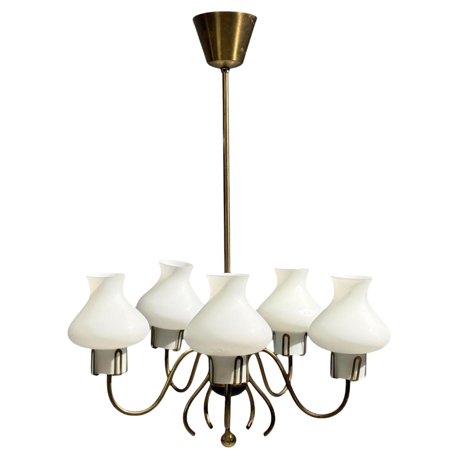 Swedish Modern, Pendant Light, Brass, Opal Glass, Sweden, 1950s