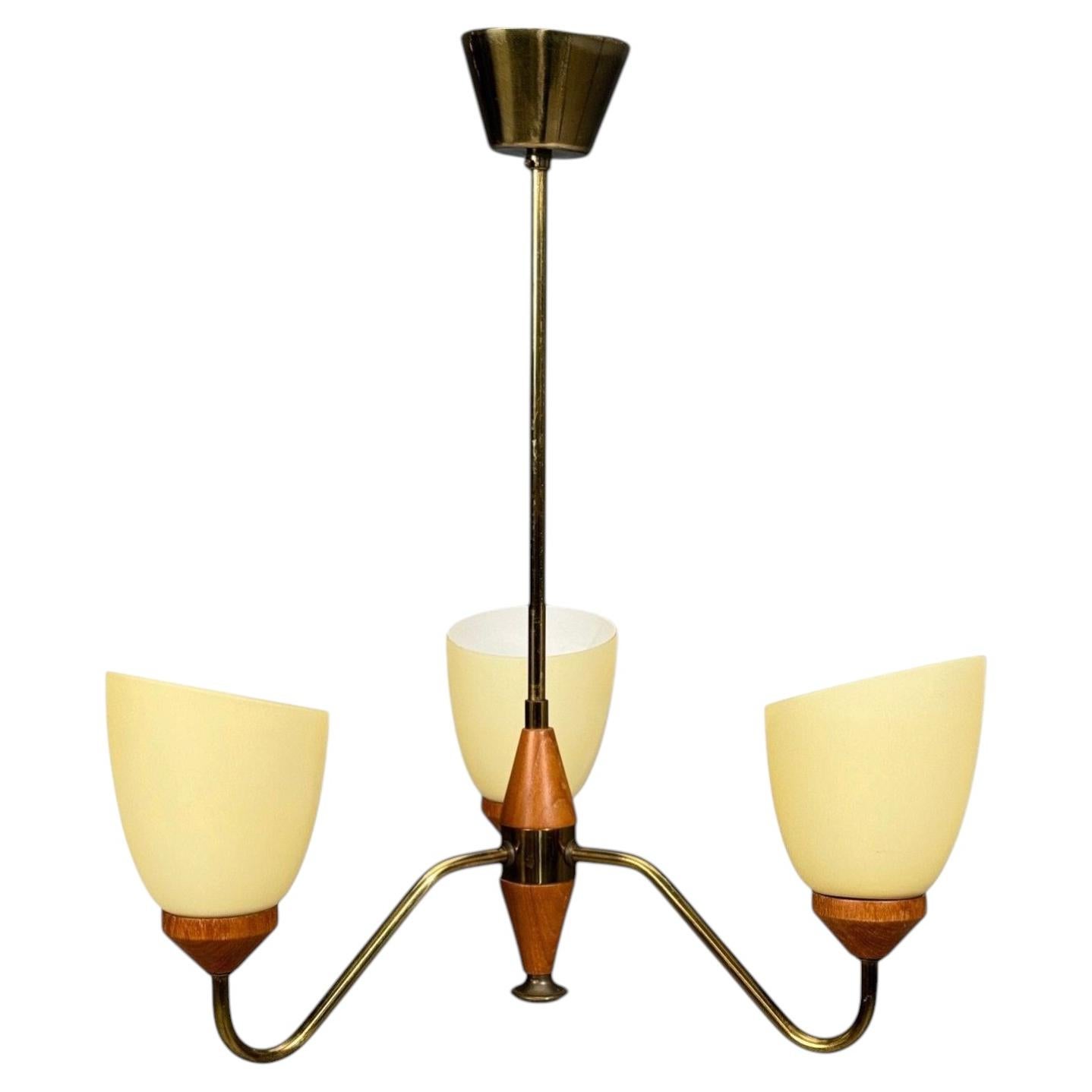 Swedish Modern, Pendant Light, Teak, Brass, Glass, Sweden, 1950s