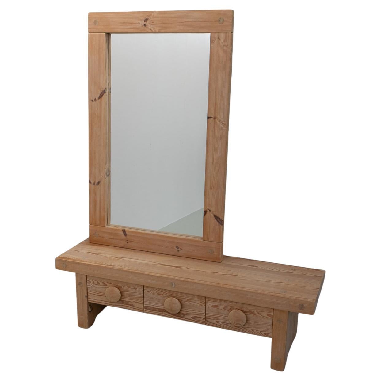 Swedish Modern Pine Bench and Mirror by Ruben Ward for Fröseke, 1970s. For Sale