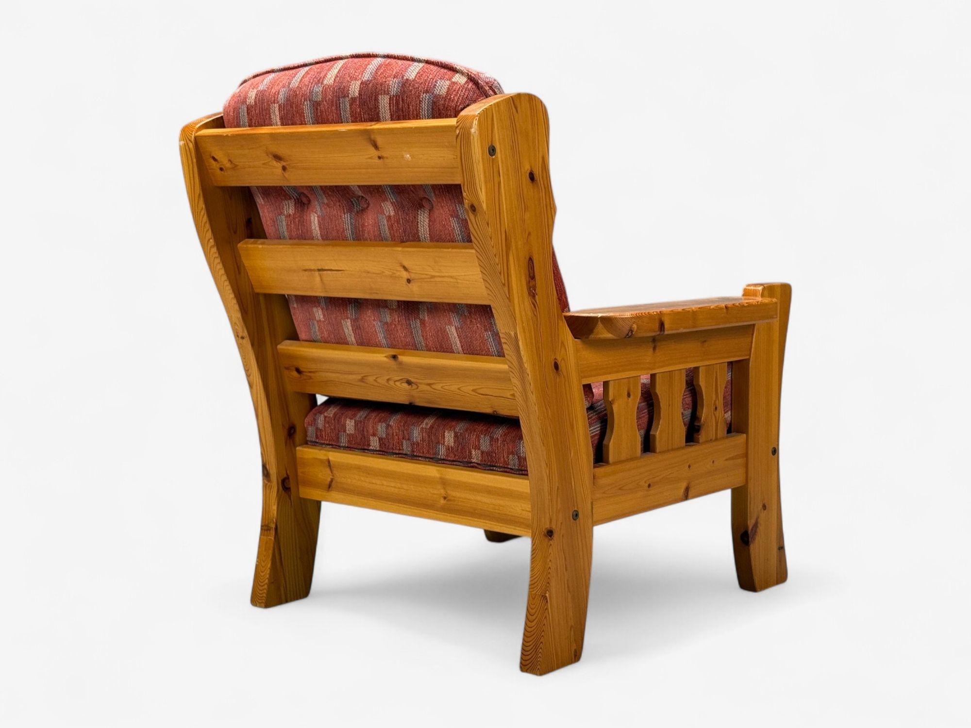 Swedish Modern, Pine, Red Fabric, Brutalist Lounge Chairs, Sweden, 1950s For Sale 5