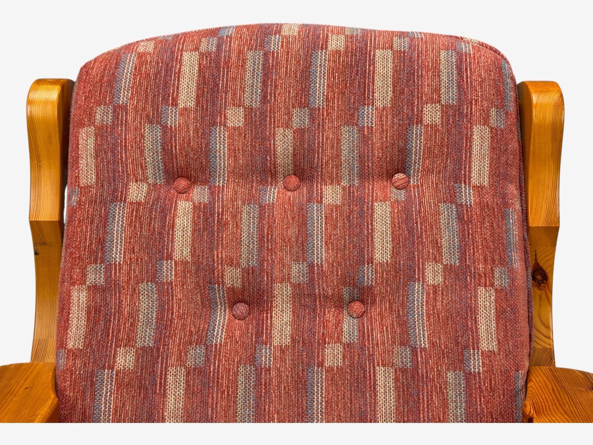 Swedish Modern, Pine, Red Fabric, Brutalist Lounge Chairs, Sweden, 1950s For Sale 6
