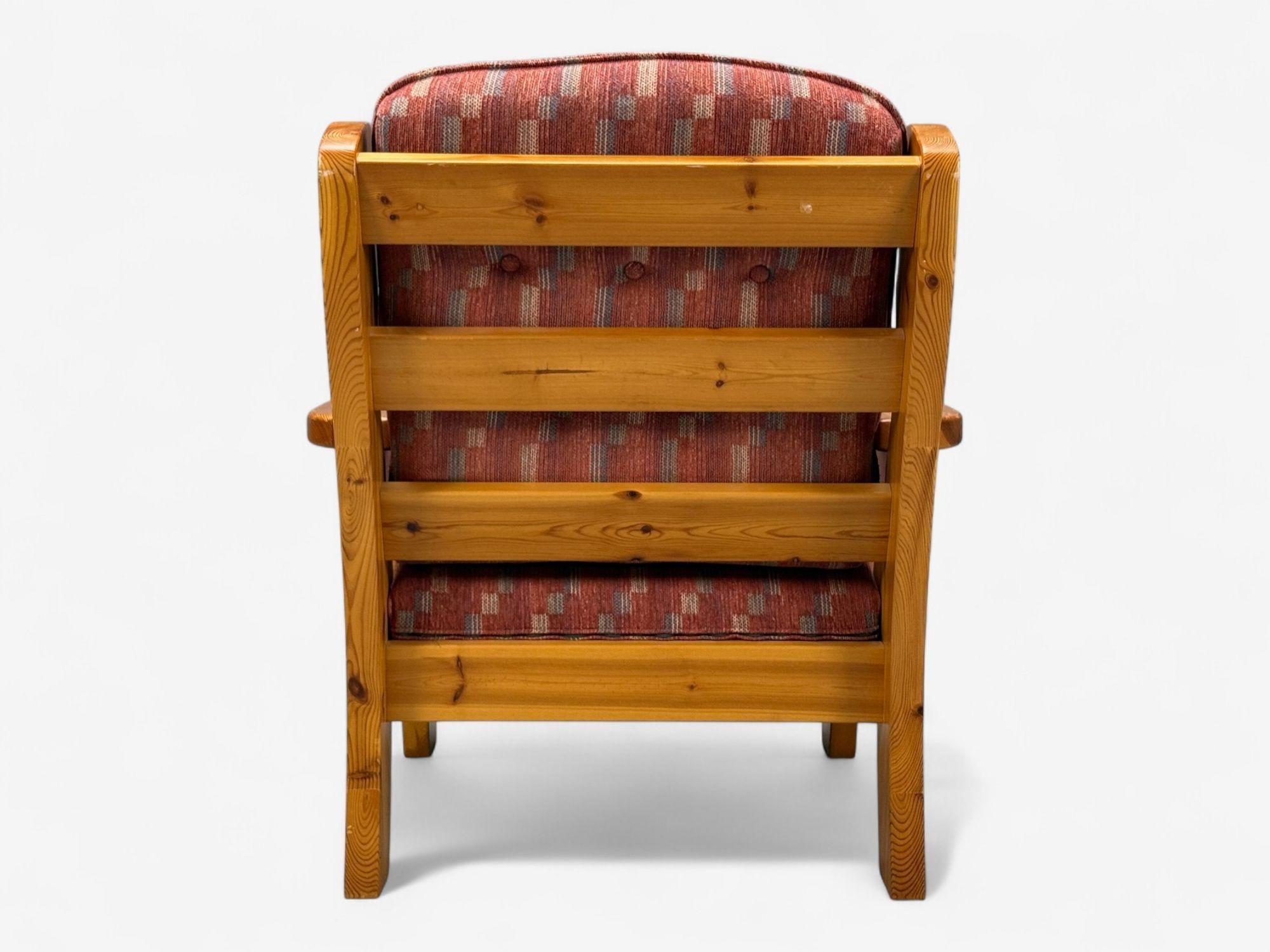 Swedish Modern, Pine, Red Fabric, Brutalist Lounge Chairs, Sweden, 1950s For Sale 7