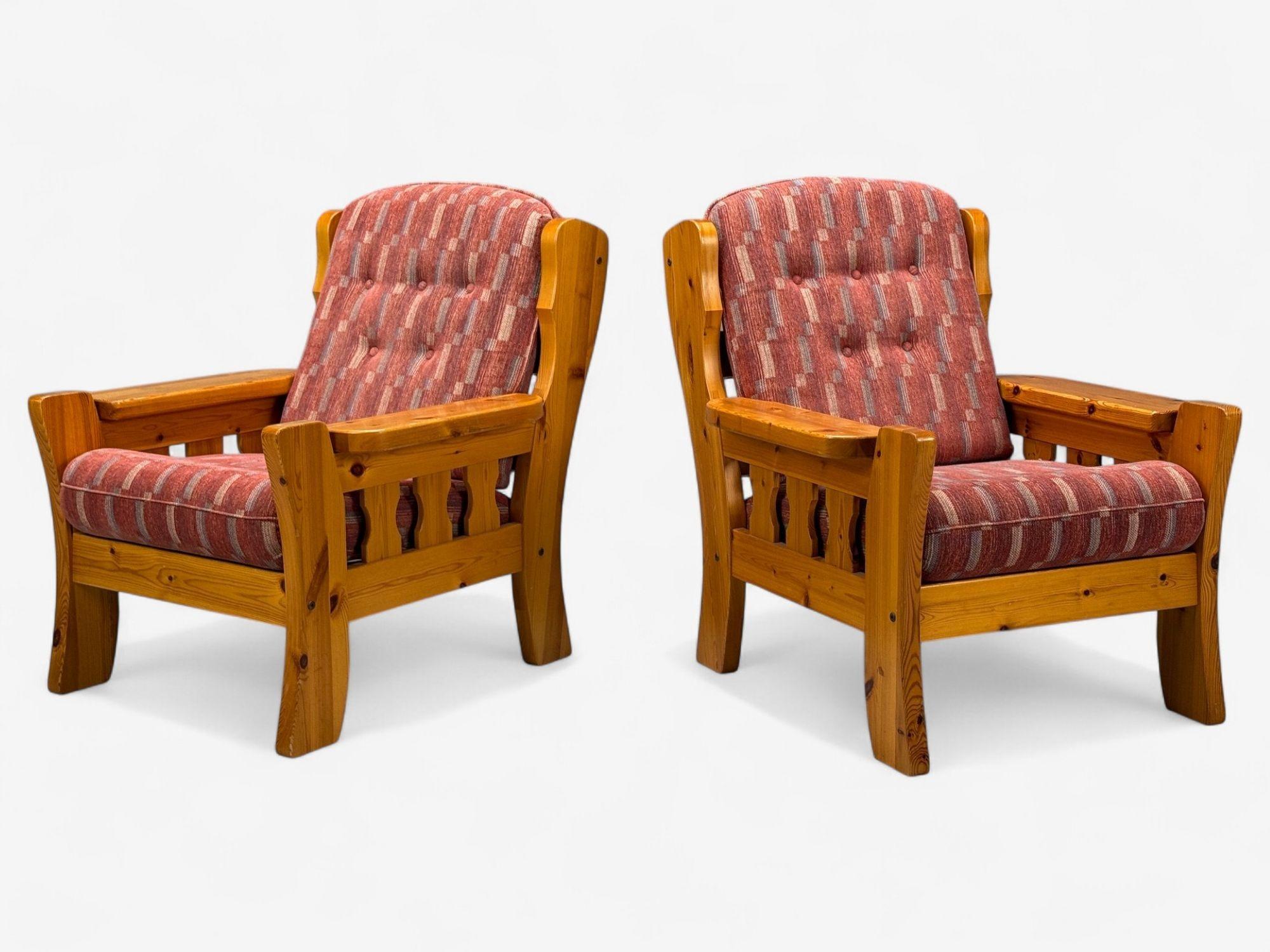 Mid-Century Modern Swedish Modern, Pine, Red Fabric, Brutalist Lounge Chairs, Sweden, 1950s For Sale