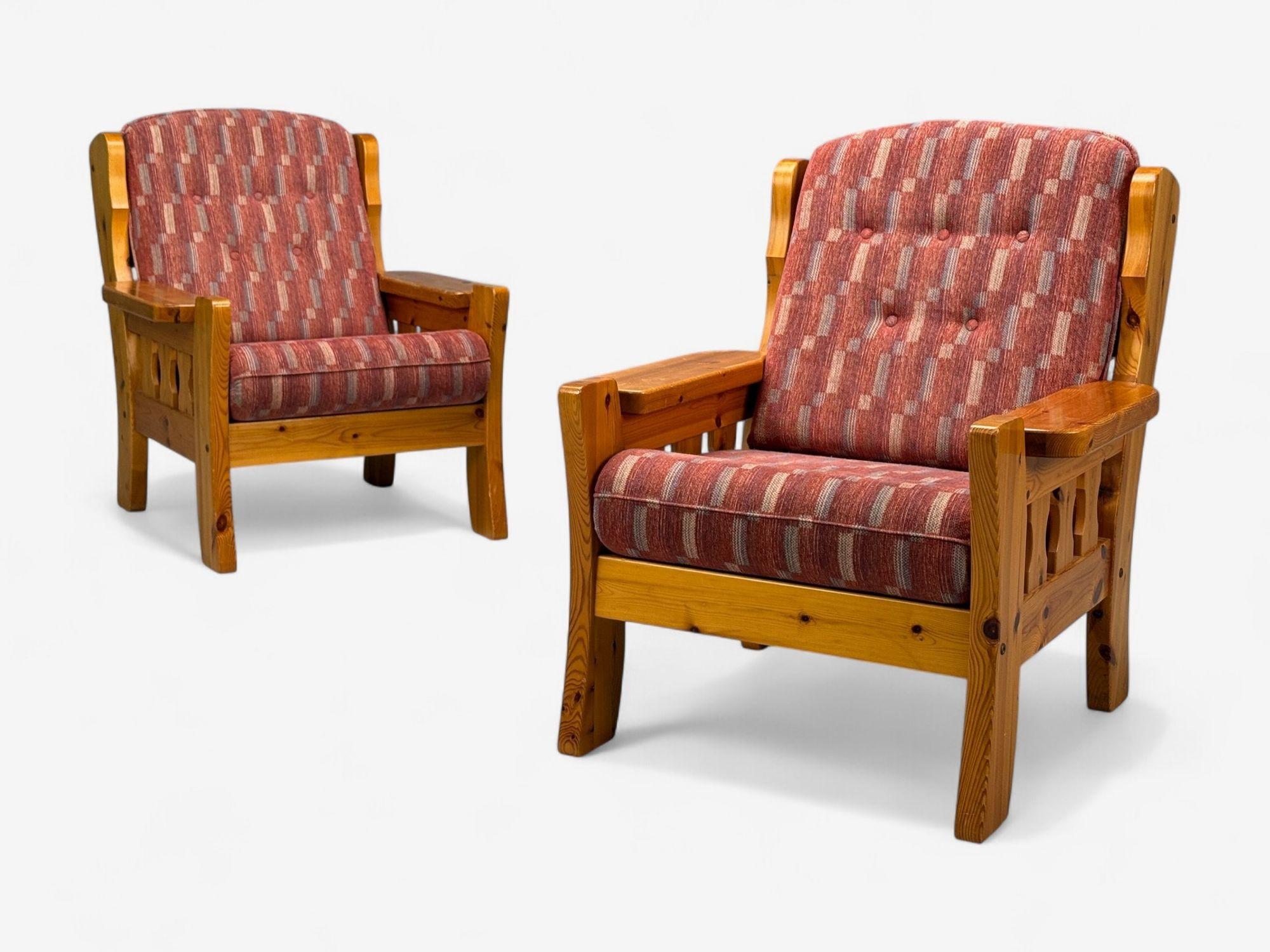 Swedish Modern, Pine, Red Fabric, Brutalist Lounge Chairs, Sweden, 1950s In Good Condition For Sale In Manhasset, NY