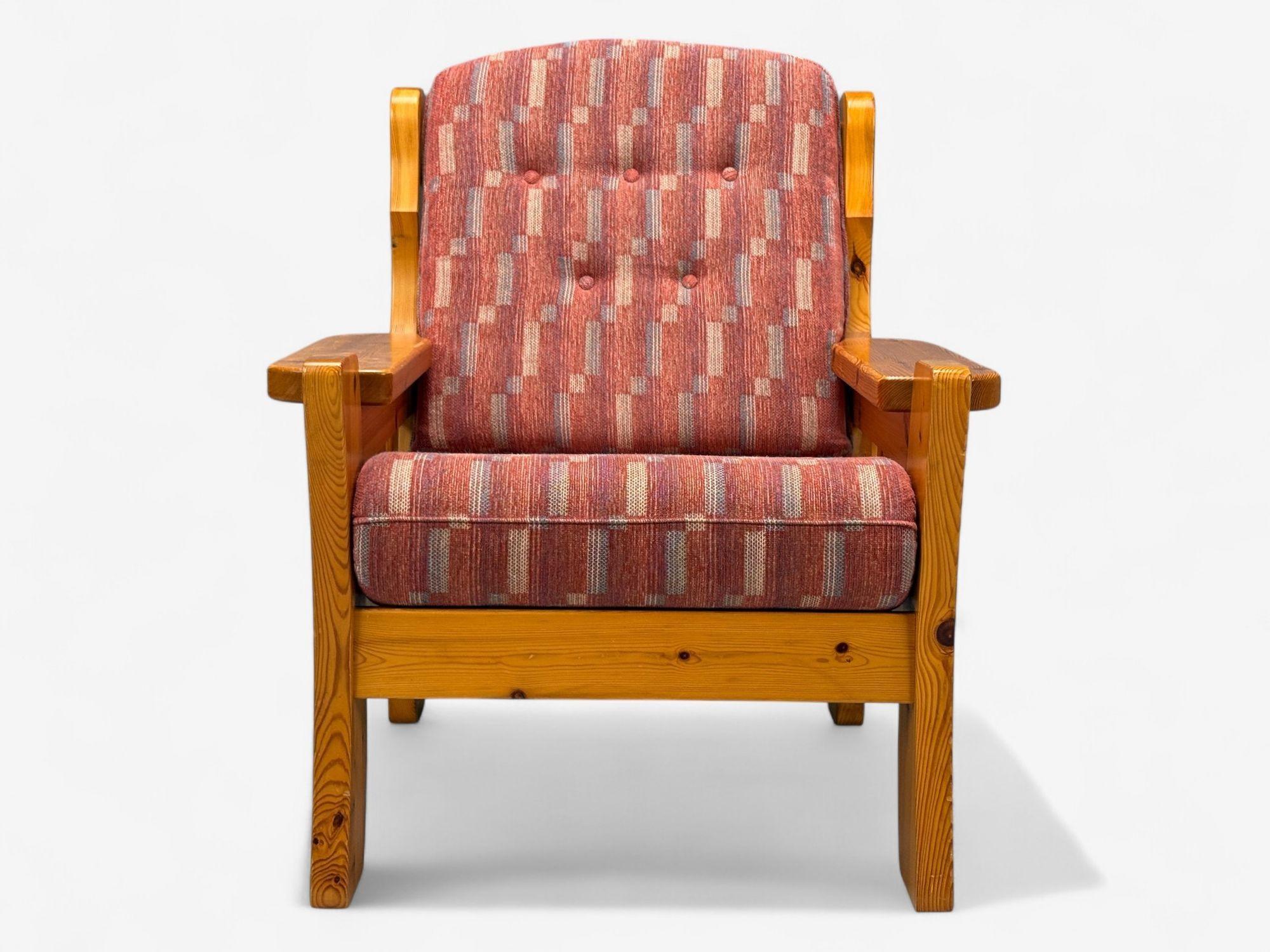 Mid-20th Century Swedish Modern, Pine, Red Fabric, Brutalist Lounge Chairs, Sweden, 1950s For Sale