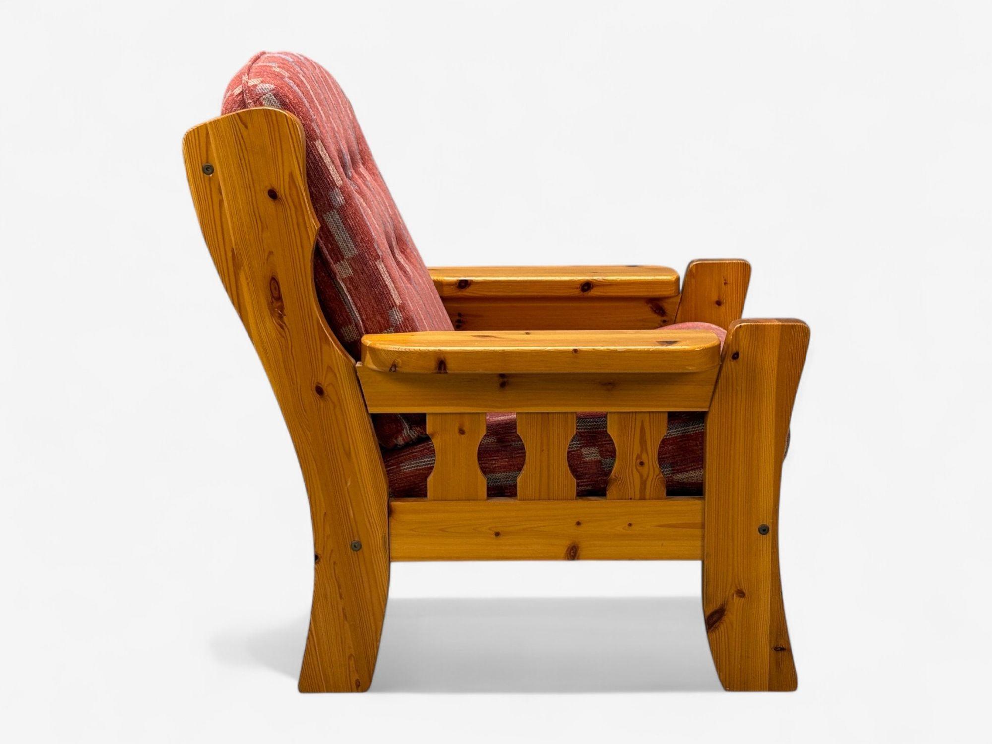 Swedish Modern, Pine, Red Fabric, Brutalist Lounge Chairs, Sweden, 1950s For Sale 1