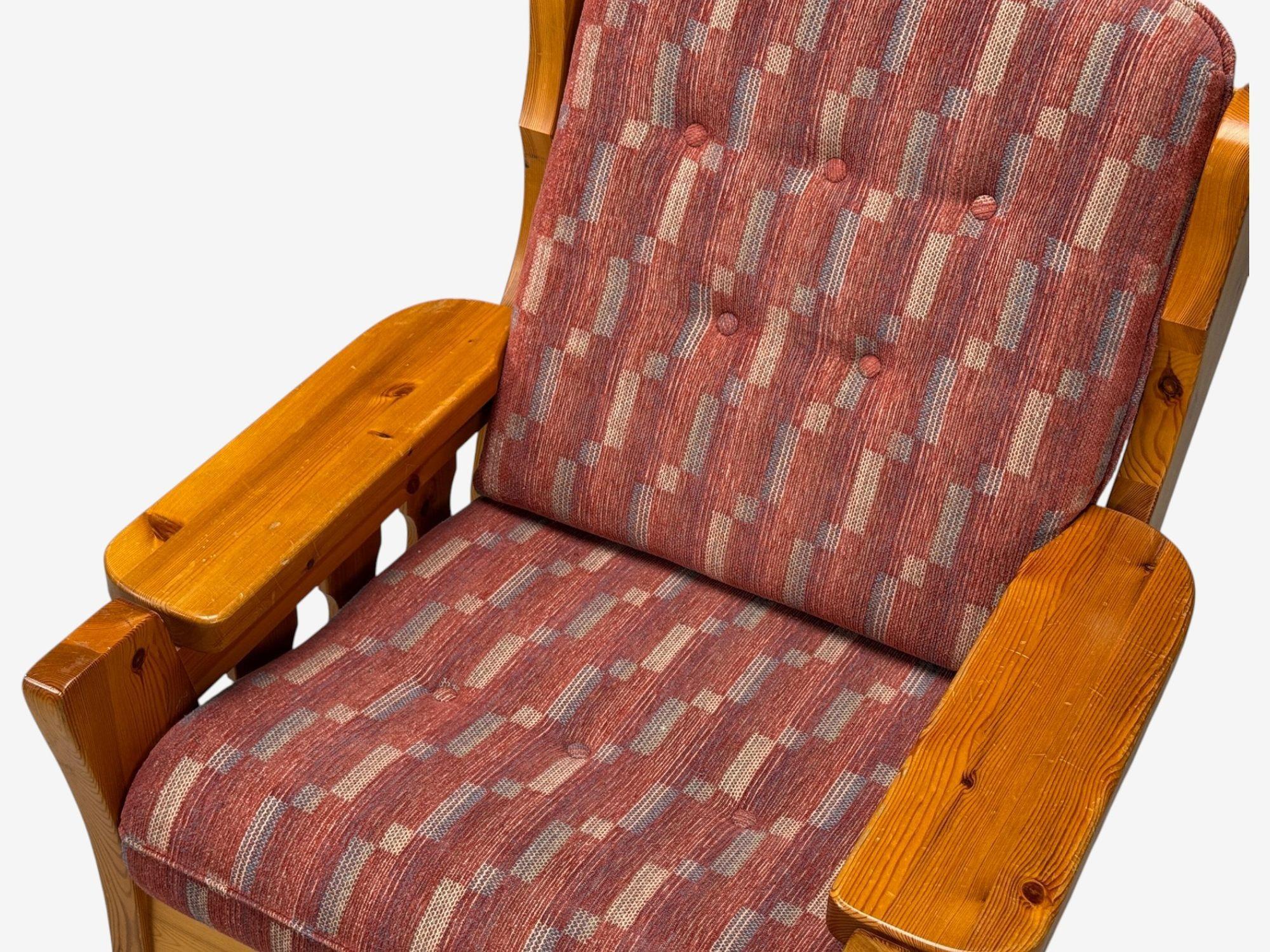 Swedish Modern, Pine, Red Fabric, Brutalist Lounge Chairs, Sweden, 1950s For Sale 2