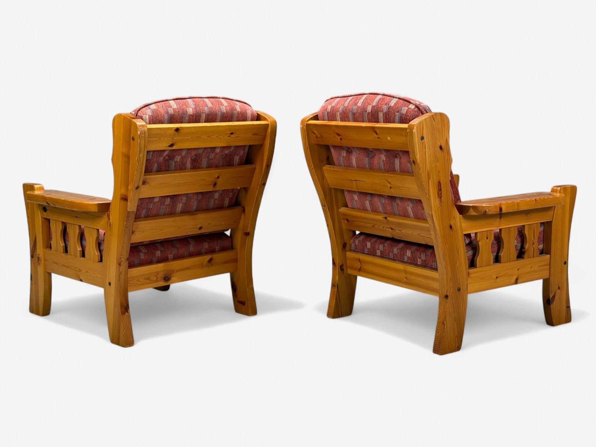 Swedish Modern, Pine, Red Fabric, Brutalist Lounge Chairs, Sweden, 1950s For Sale 3