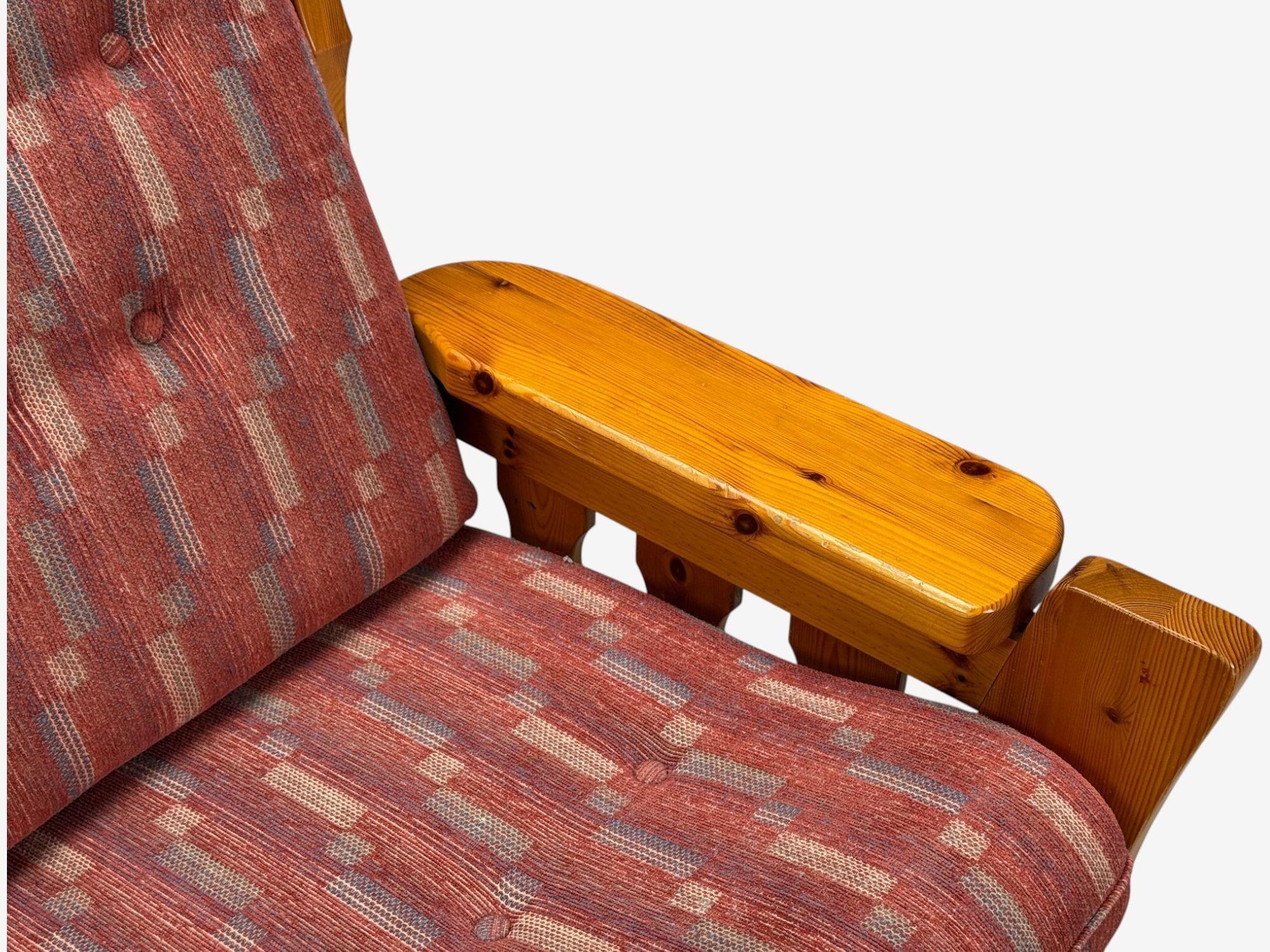 Swedish Modern, Pine, Red Fabric, Brutalist Lounge Chairs, Sweden, 1950s For Sale 4