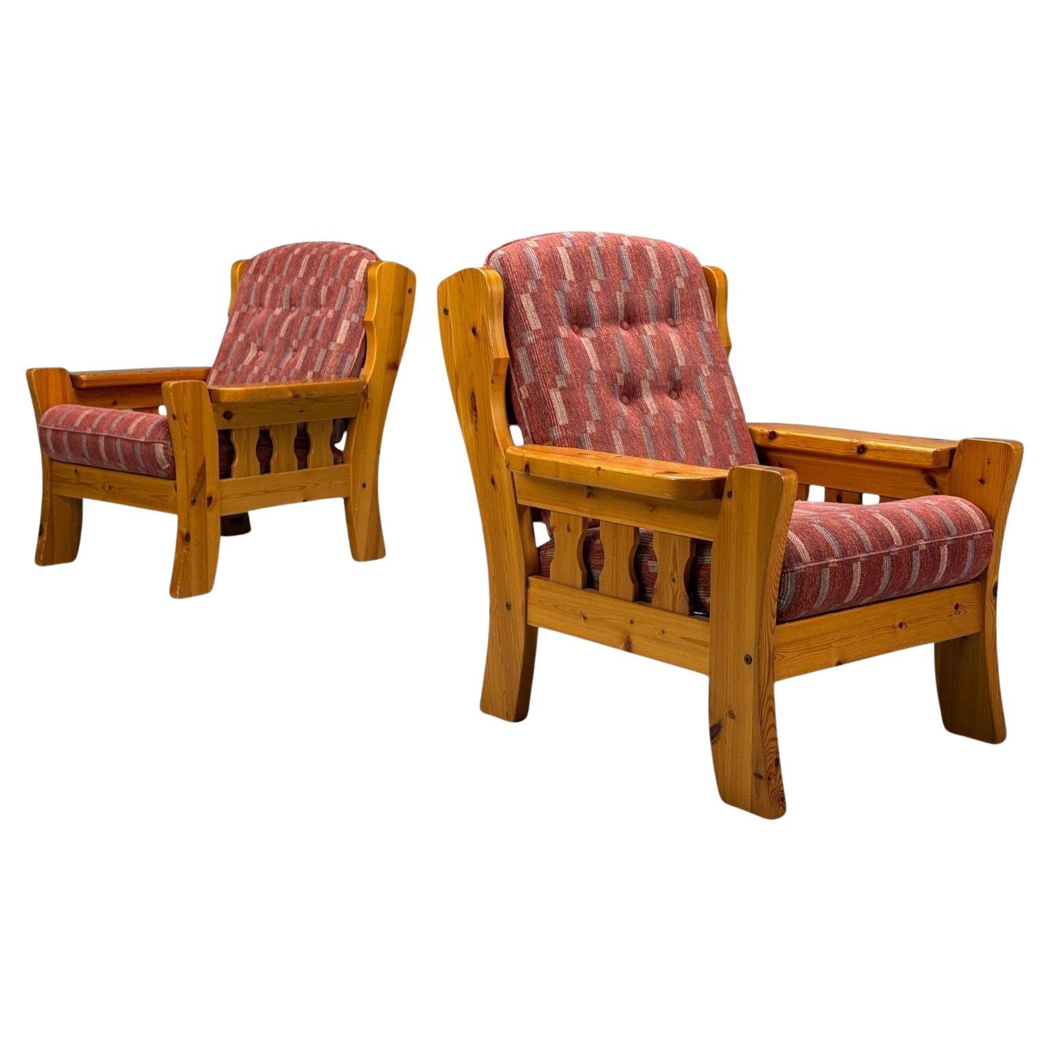 Swedish Modern, Pine, Red Fabric, Brutalist Lounge Chairs, Sweden, 1950s For Sale