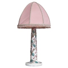 Swedish Grace Pink Porcelain Table Lamp w. Foliage Decor, Louise Adelborg, 1920s