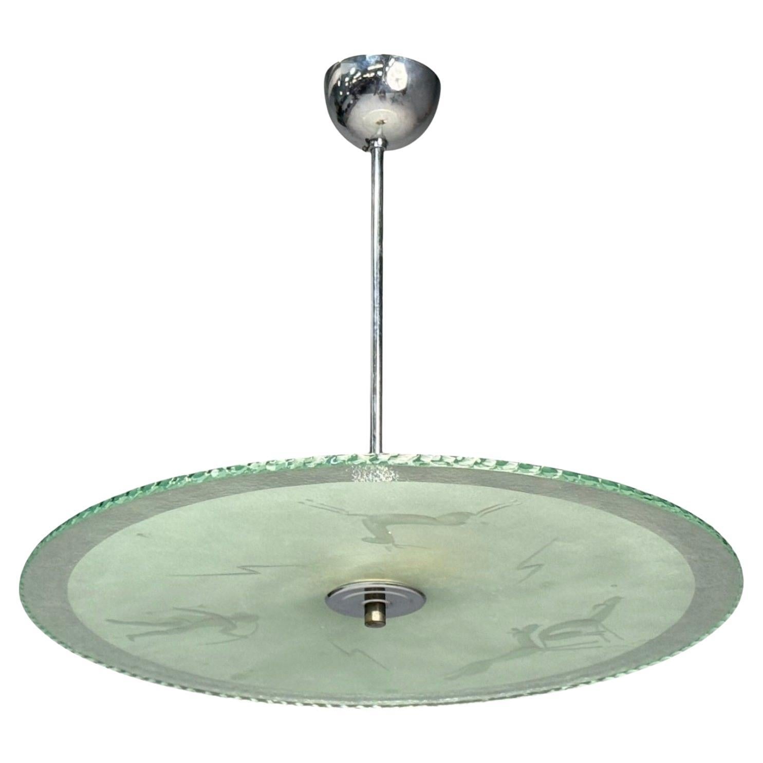 Swedish Modern, Raw Glass, Metal, Pendant Light, Sweden, 1940s For Sale
