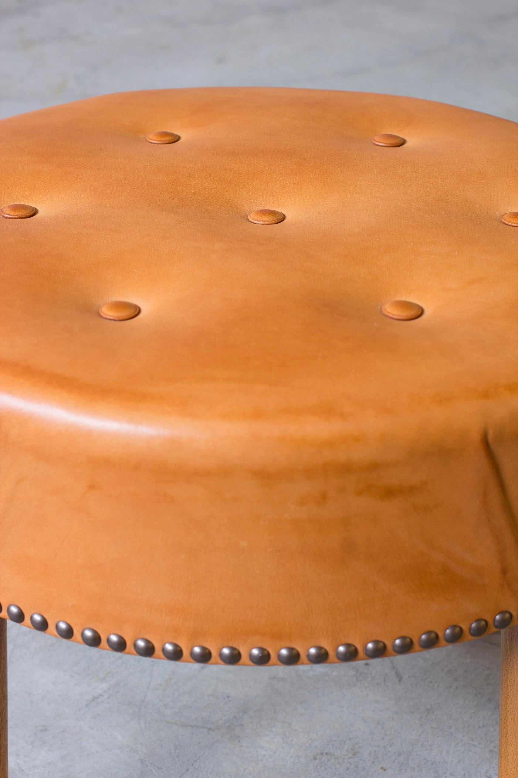 Swedish modern round leather tabouret in the style of Josef Frank, 1940s For Sale 2