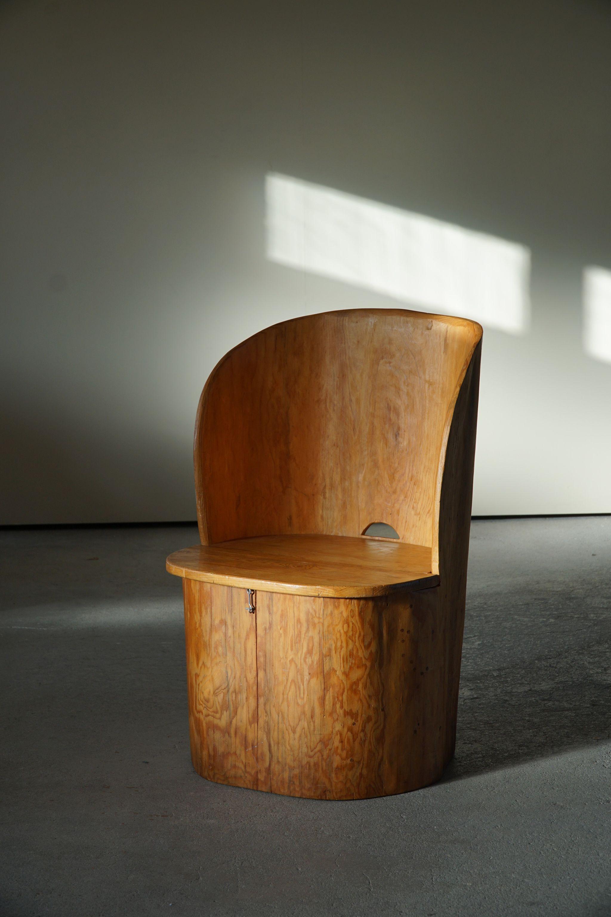 Swedish Modern Sculptural Hand Carved Brutalist Stump Chair in Solid Pine, 1977 8