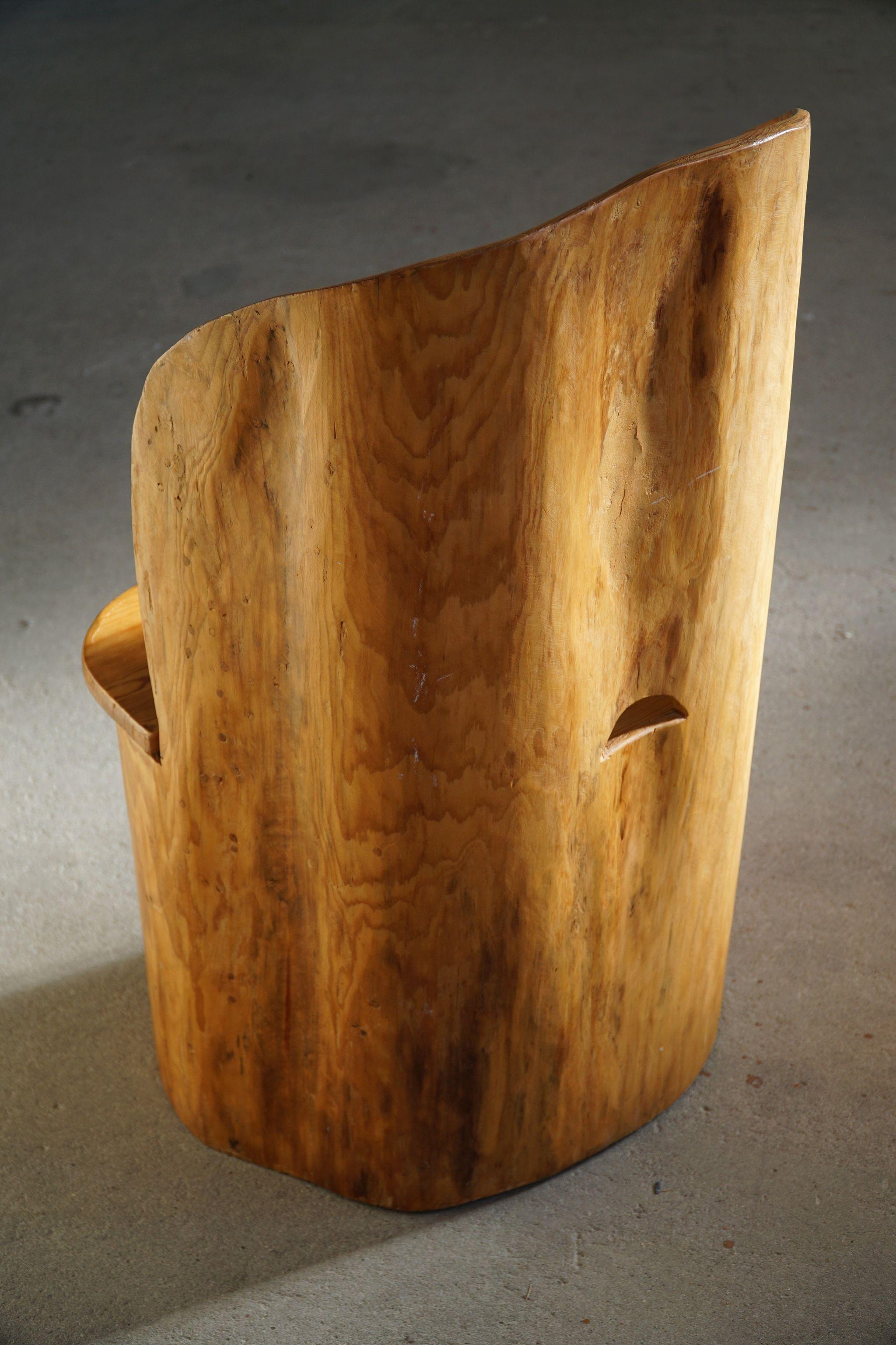 Swedish Modern Sculptural Hand Carved Brutalist Stump Chair in Solid Pine, 1977 12