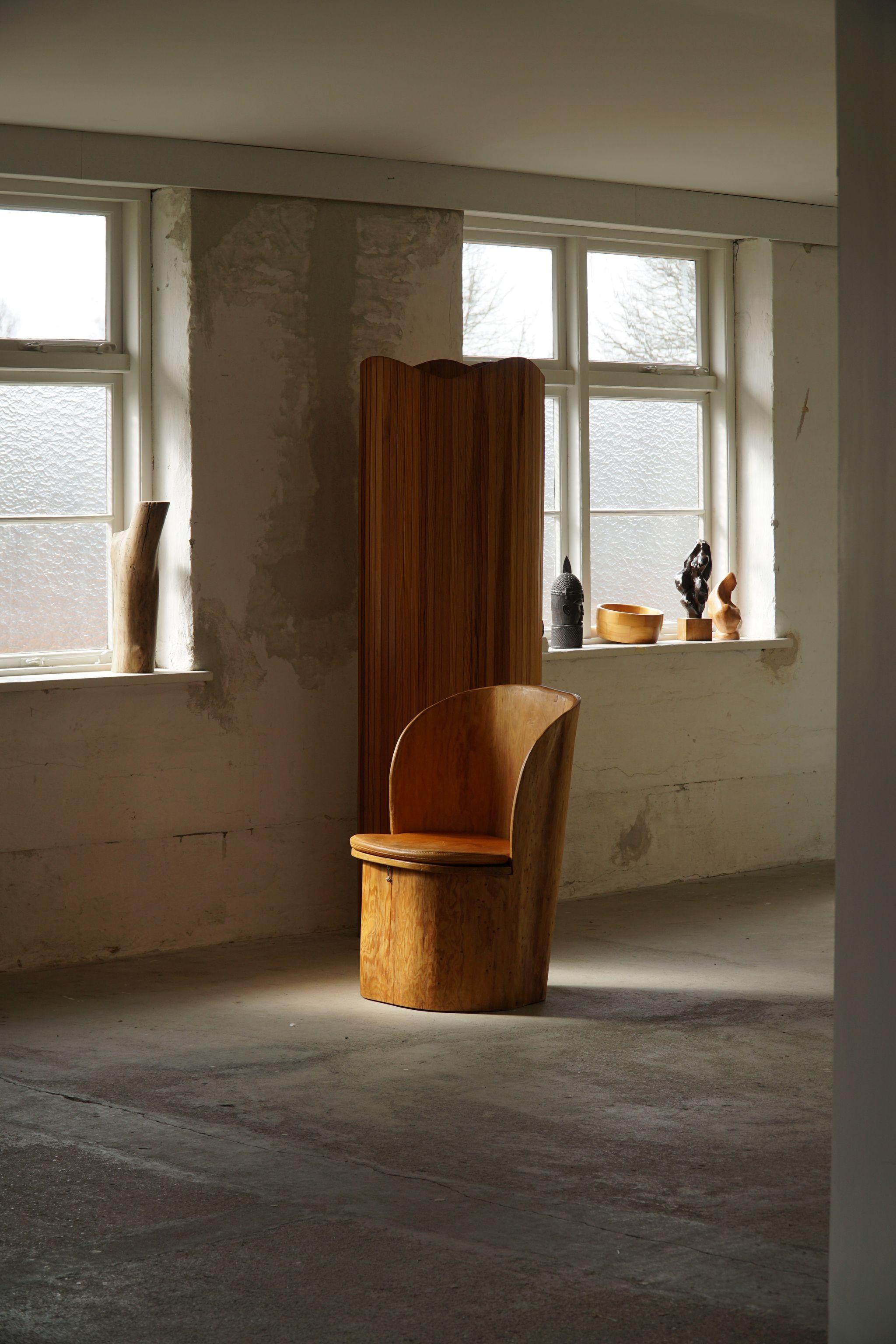 Swedish Modern Sculptural Hand Carved Brutalist Stump Chair in Solid Pine, 1977 15