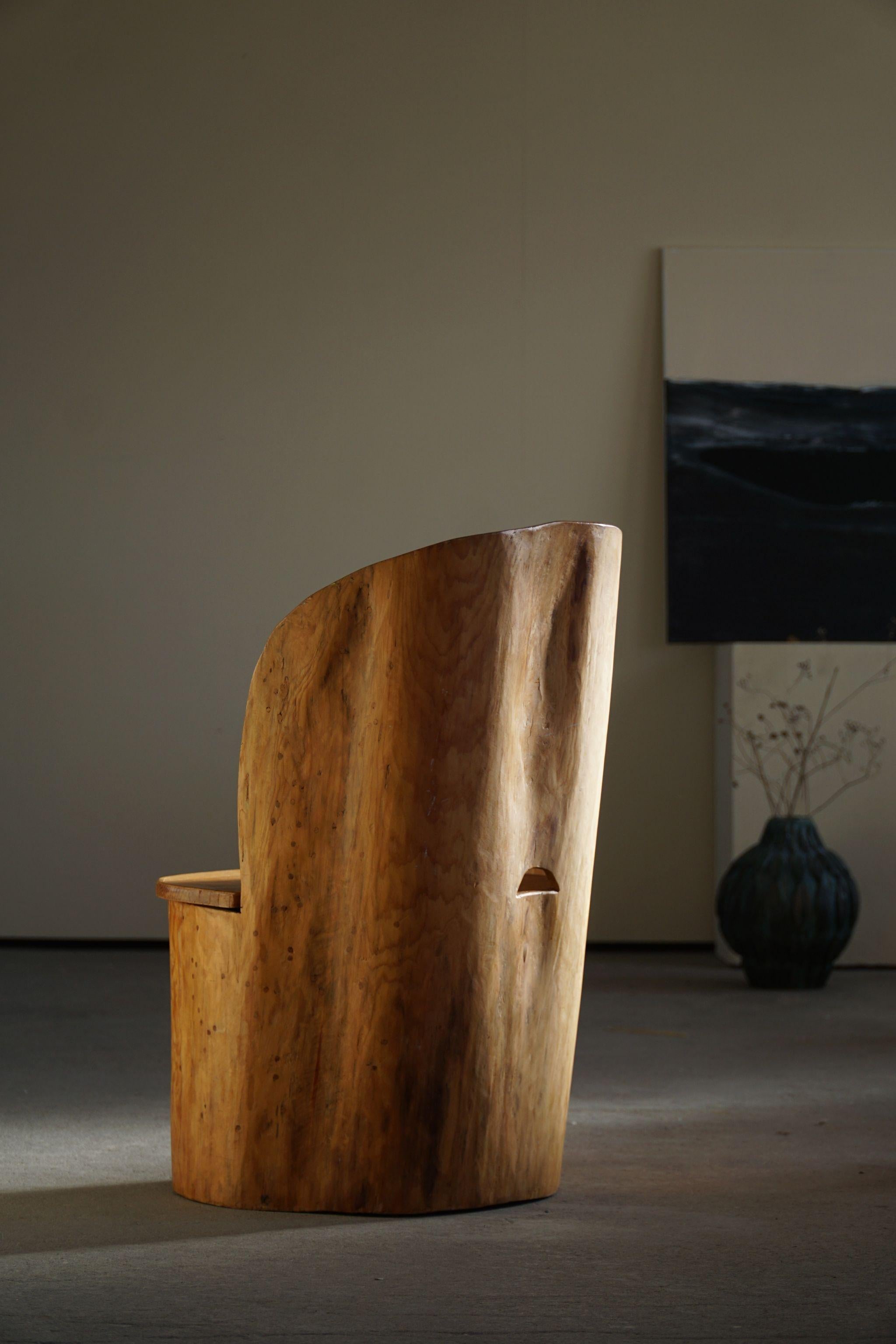 20th Century Swedish Modern Sculptural Hand Carved Brutalist Stump Chair in Solid Pine, 1977