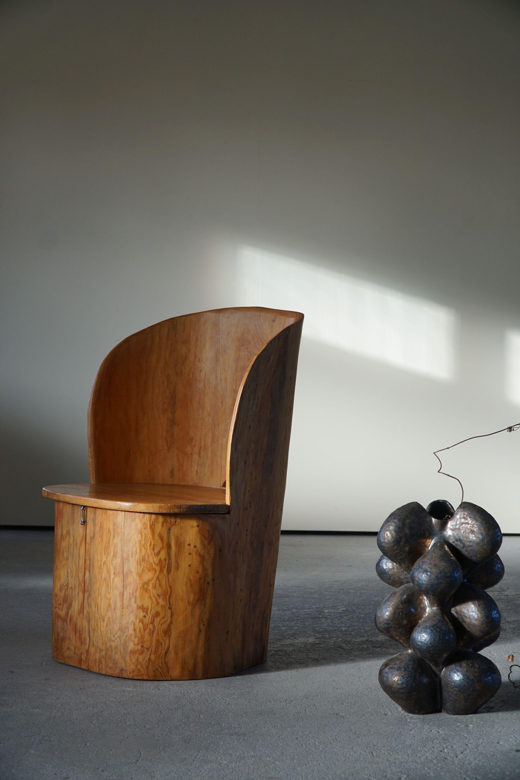 Swedish Modern Sculptural Hand Carved Brutalist Stump Chair in Solid Pine, 1977 1