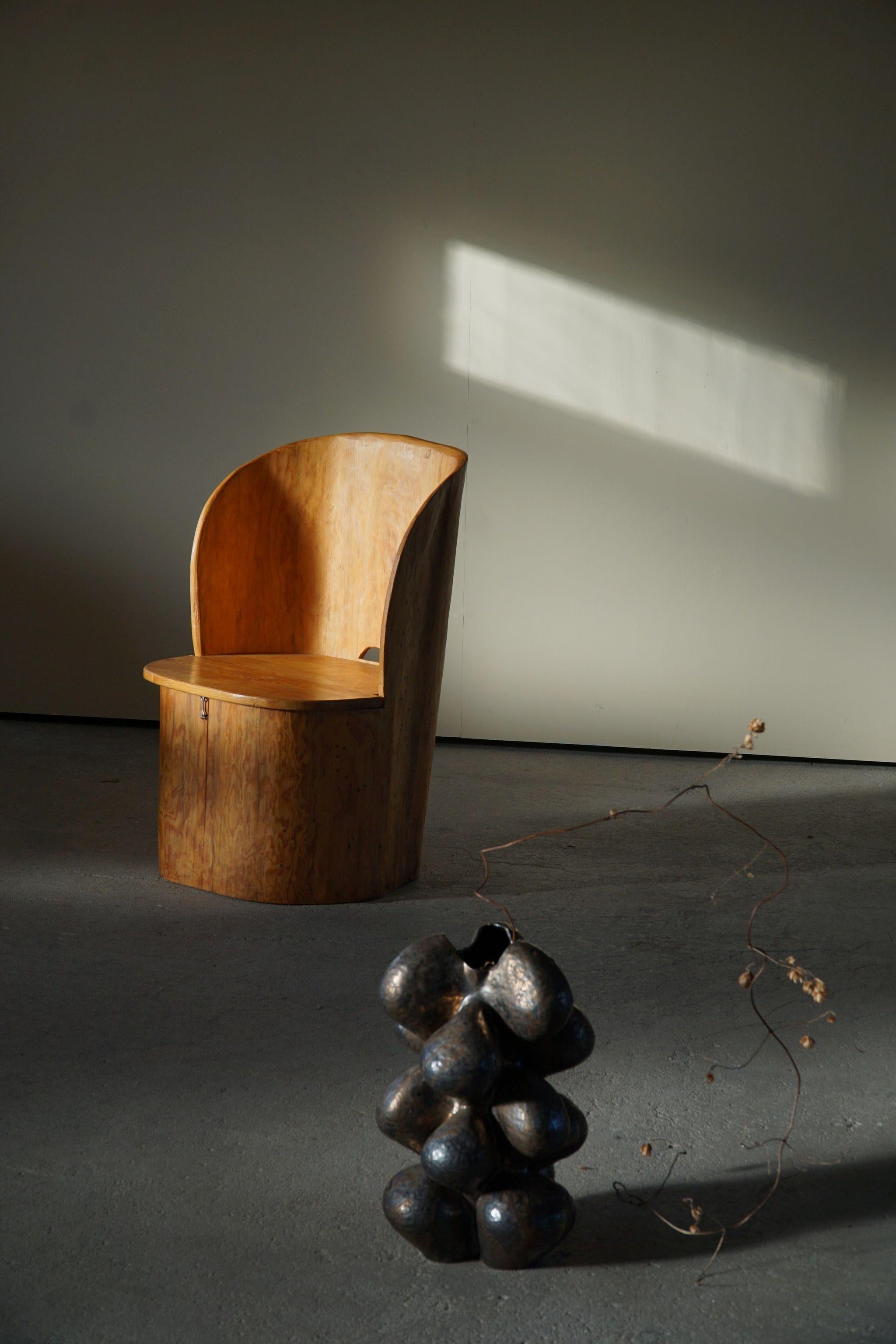 Swedish Modern Sculptural Hand Carved Brutalist Stump Chair in Solid Pine, 1977 5