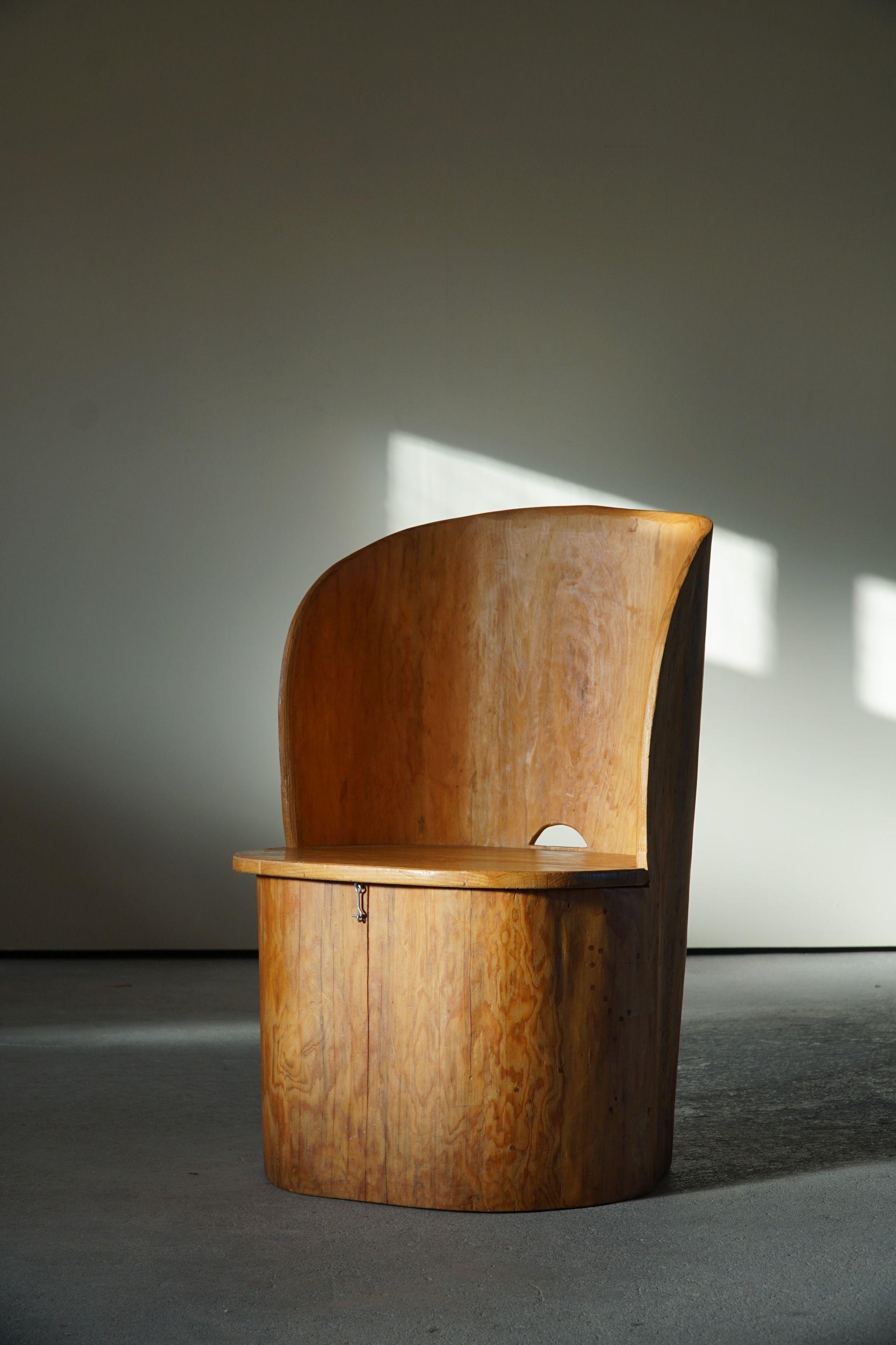 Swedish Modern Sculptural Hand Carved Brutalist Stump Chair in Solid Pine, 1977 6