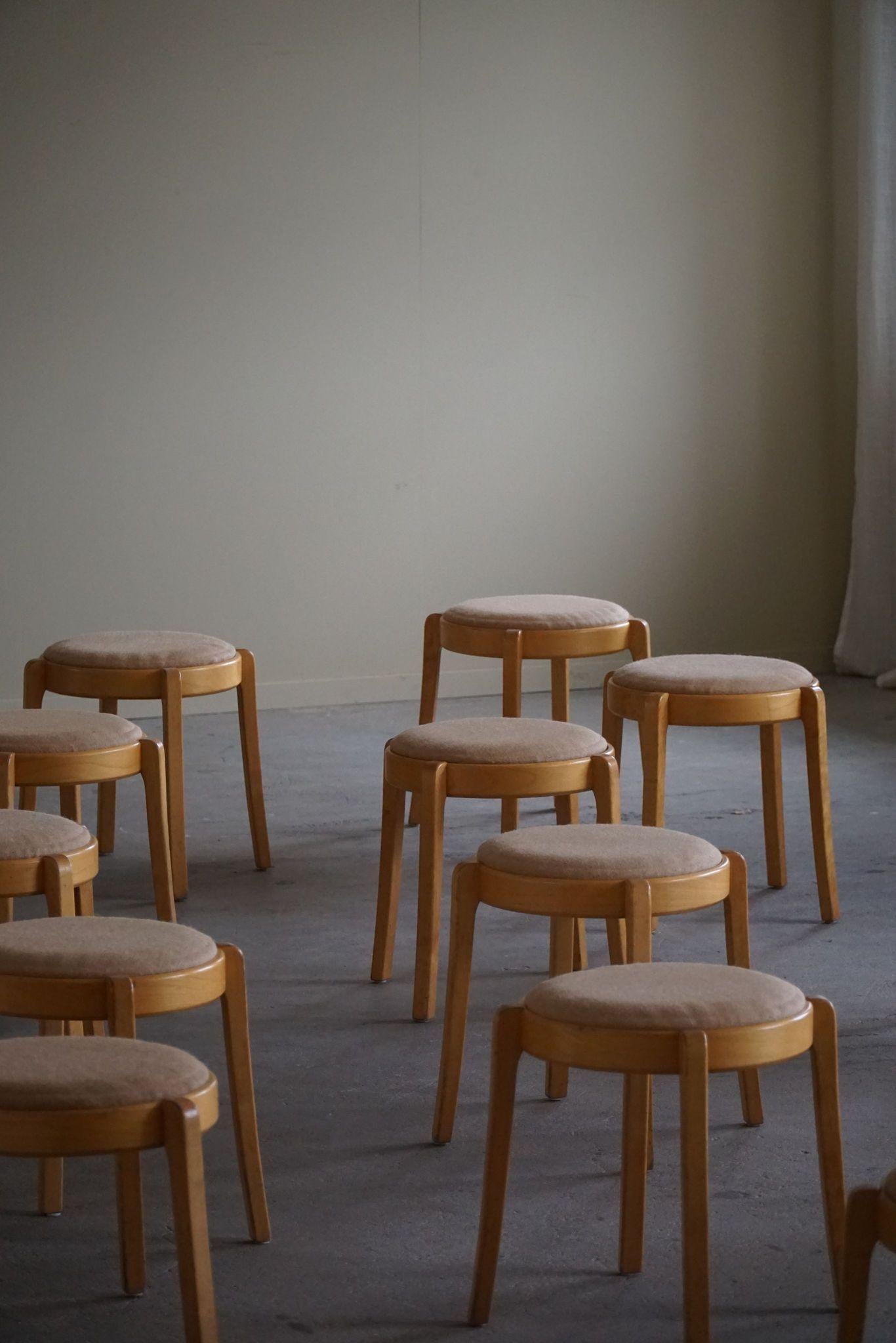 Swedish Modern, Set of 14 Stackable Stools in Birch & Hessian, 1980s For Sale 5