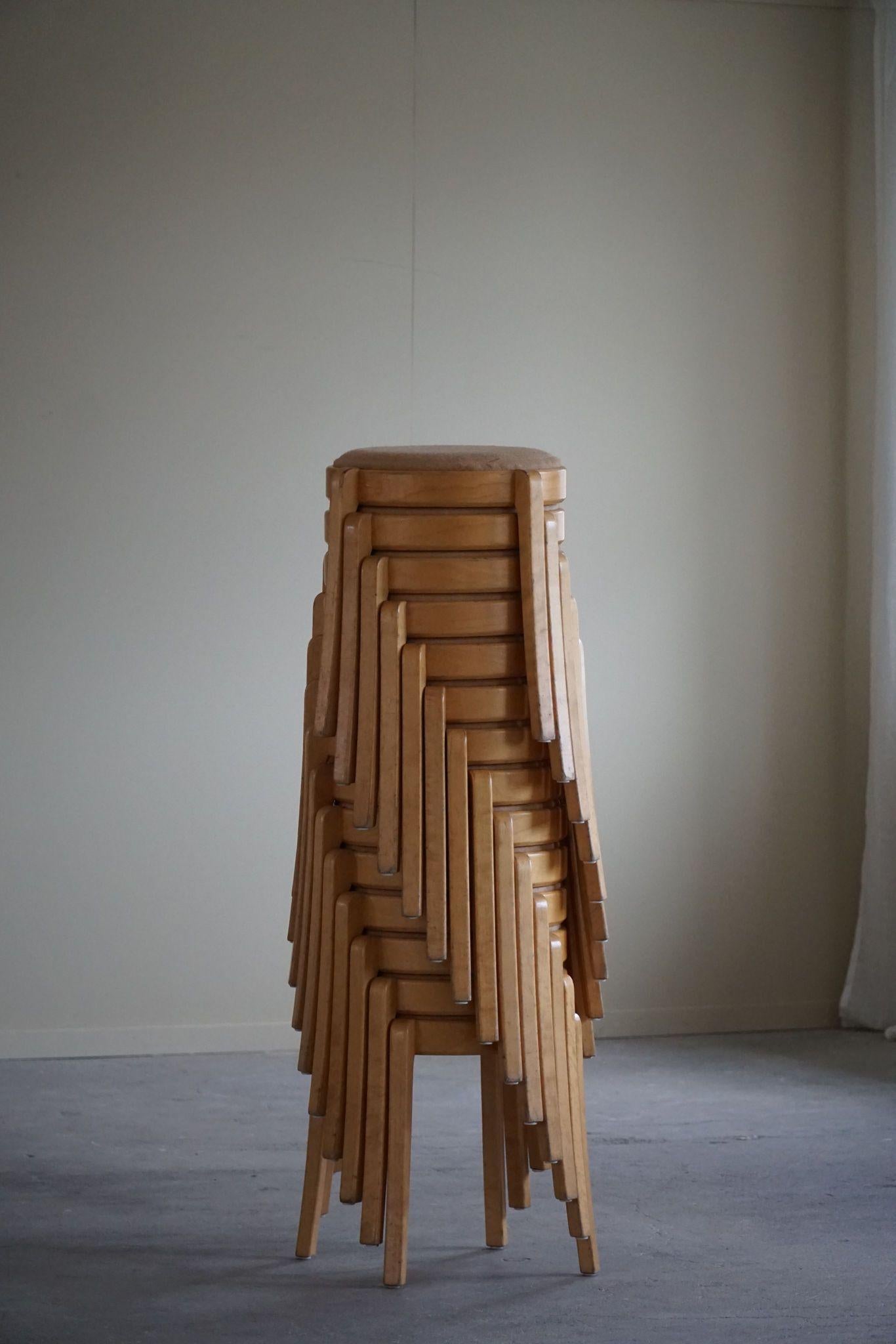 Swedish Modern, Set of 14 Stackable Stools in Birch & Hessian, 1980s For Sale 8