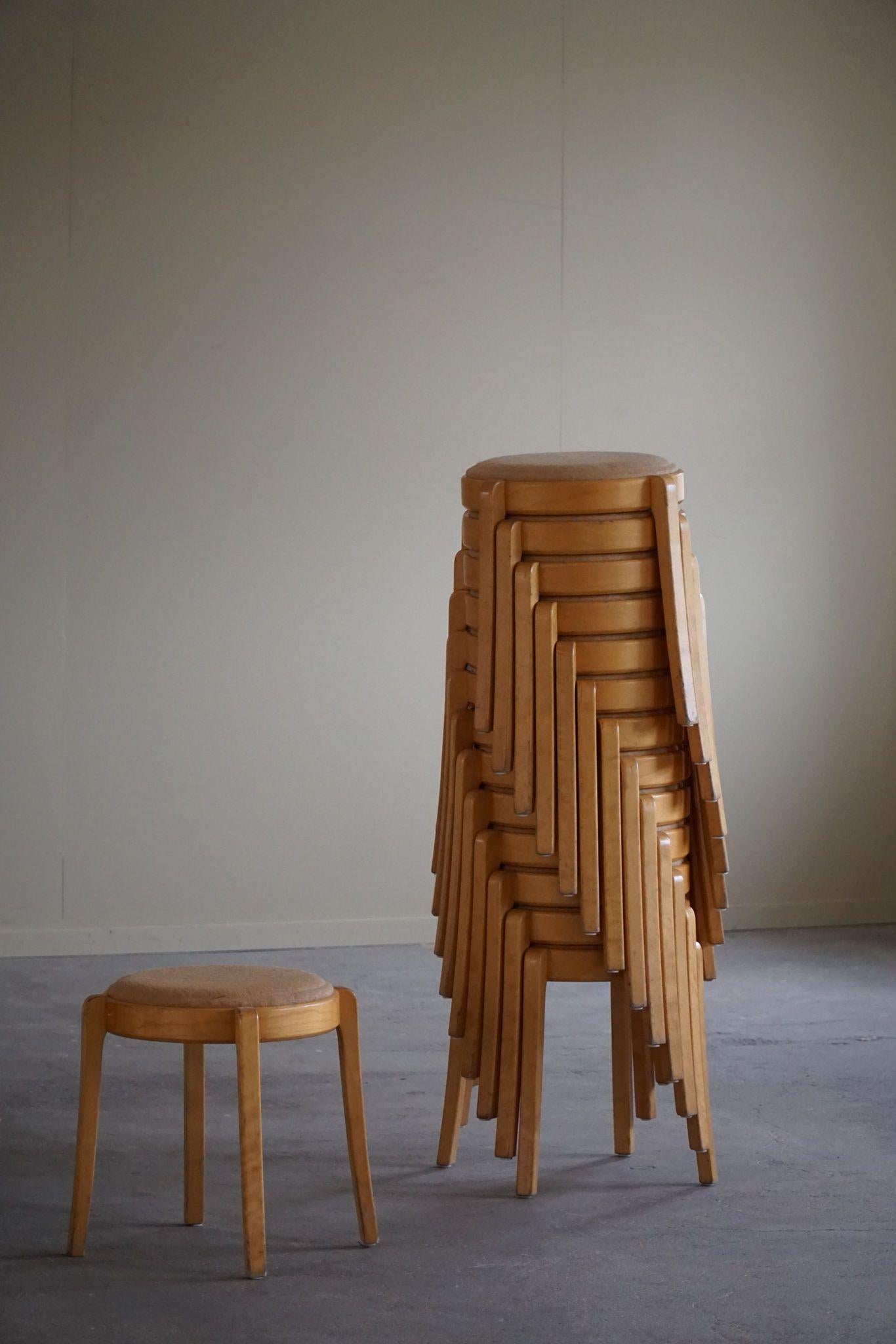 Swedish Modern, Set of 14 Stackable Stools in Birch & Hessian, 1980s For Sale 9