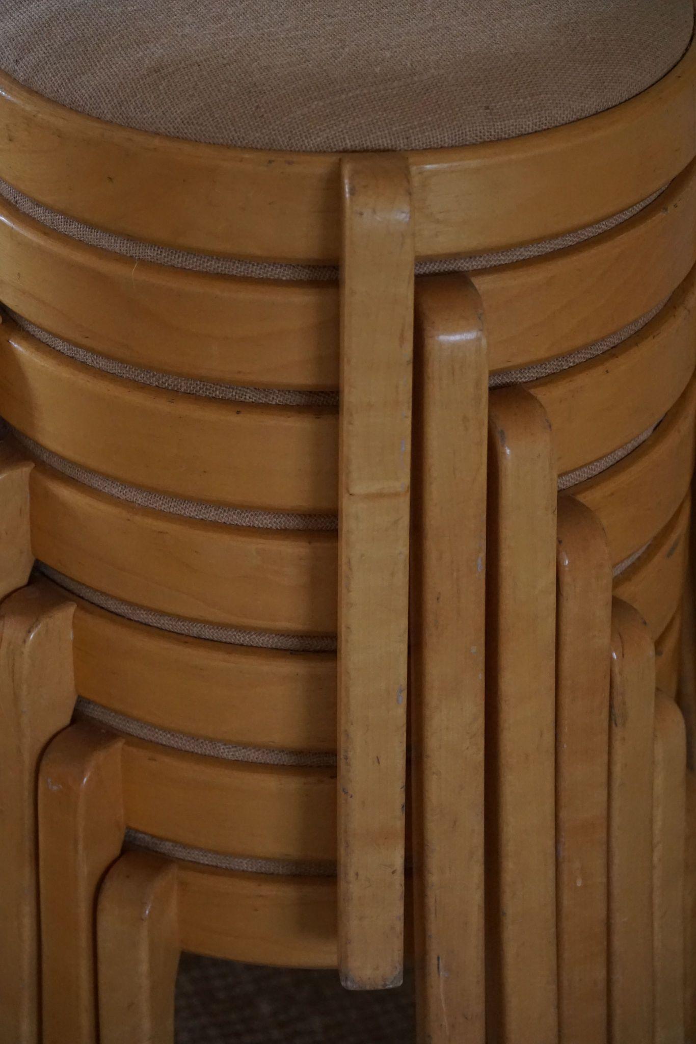 Swedish Modern, Set of 14 Stackable Stools in Birch & Hessian, 1980s For Sale 15