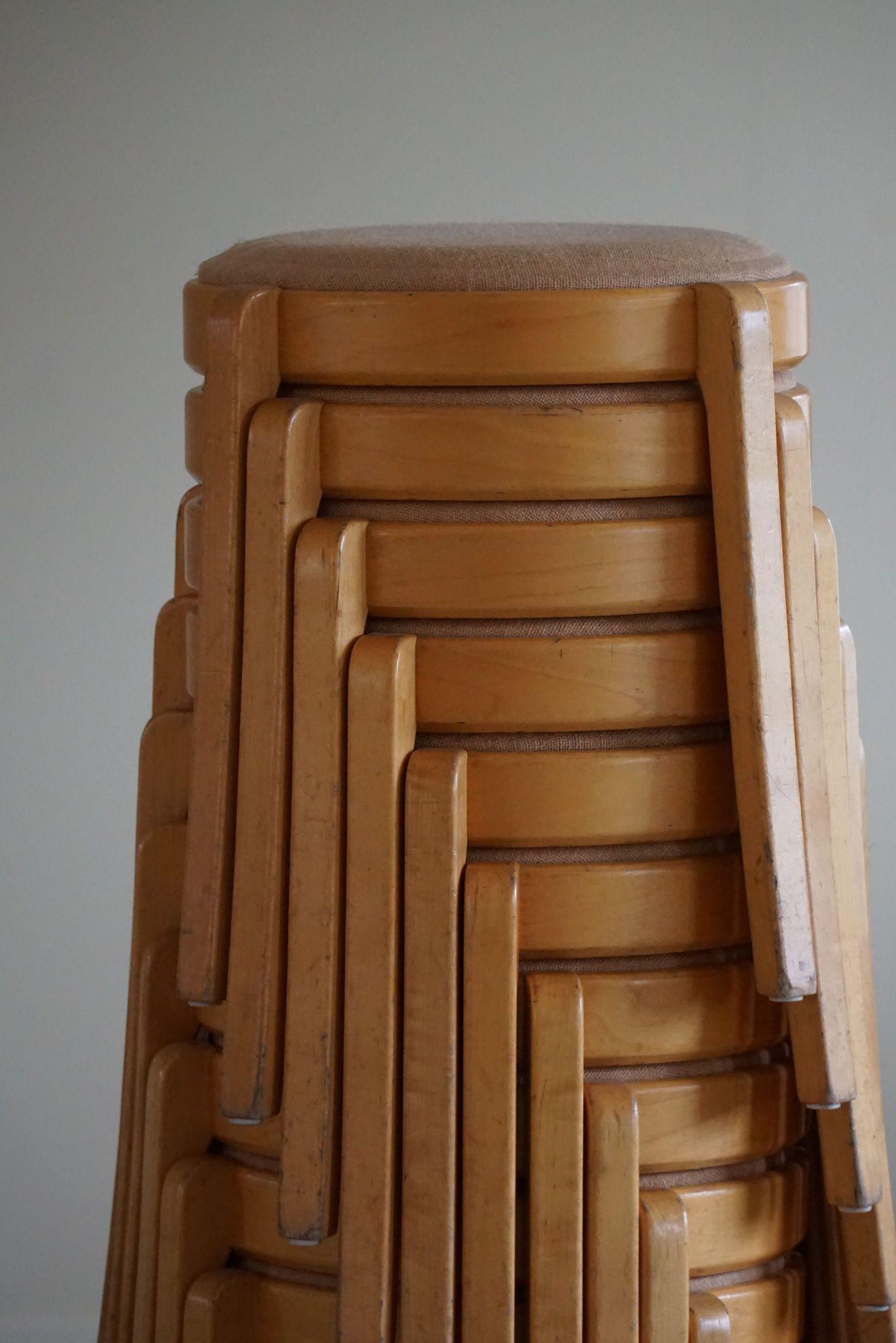 Mid-Century Modern Swedish Modern, Set of 14 Stackable Stools in Birch & Hessian, 1980s For Sale