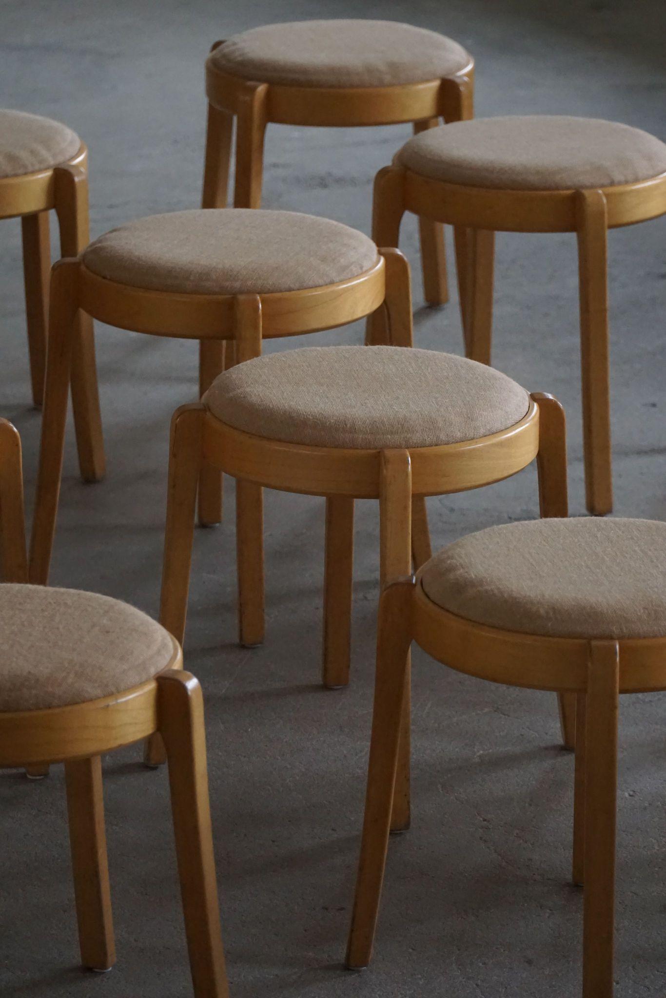 Swedish Modern, Set of 14 Stackable Stools in Birch & Hessian, 1980s For Sale 1