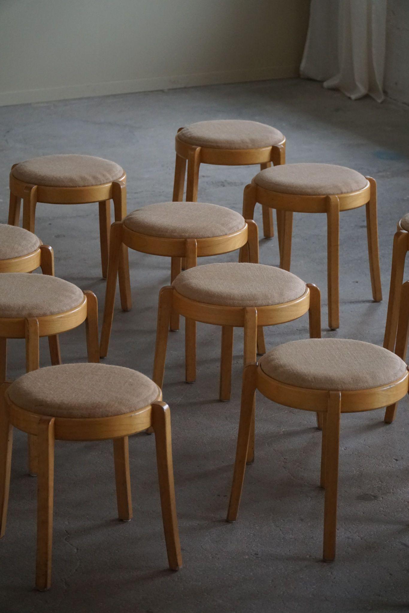 Swedish Modern, Set of 14 Stackable Stools in Birch & Hessian, 1980s For Sale 2