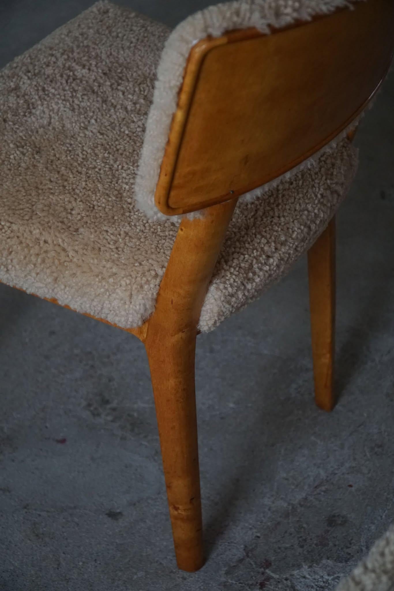 Swedish Modern, Set of 6 Dining Chairs, Lambswool & Birch, Axel Larsson, 1950s 6