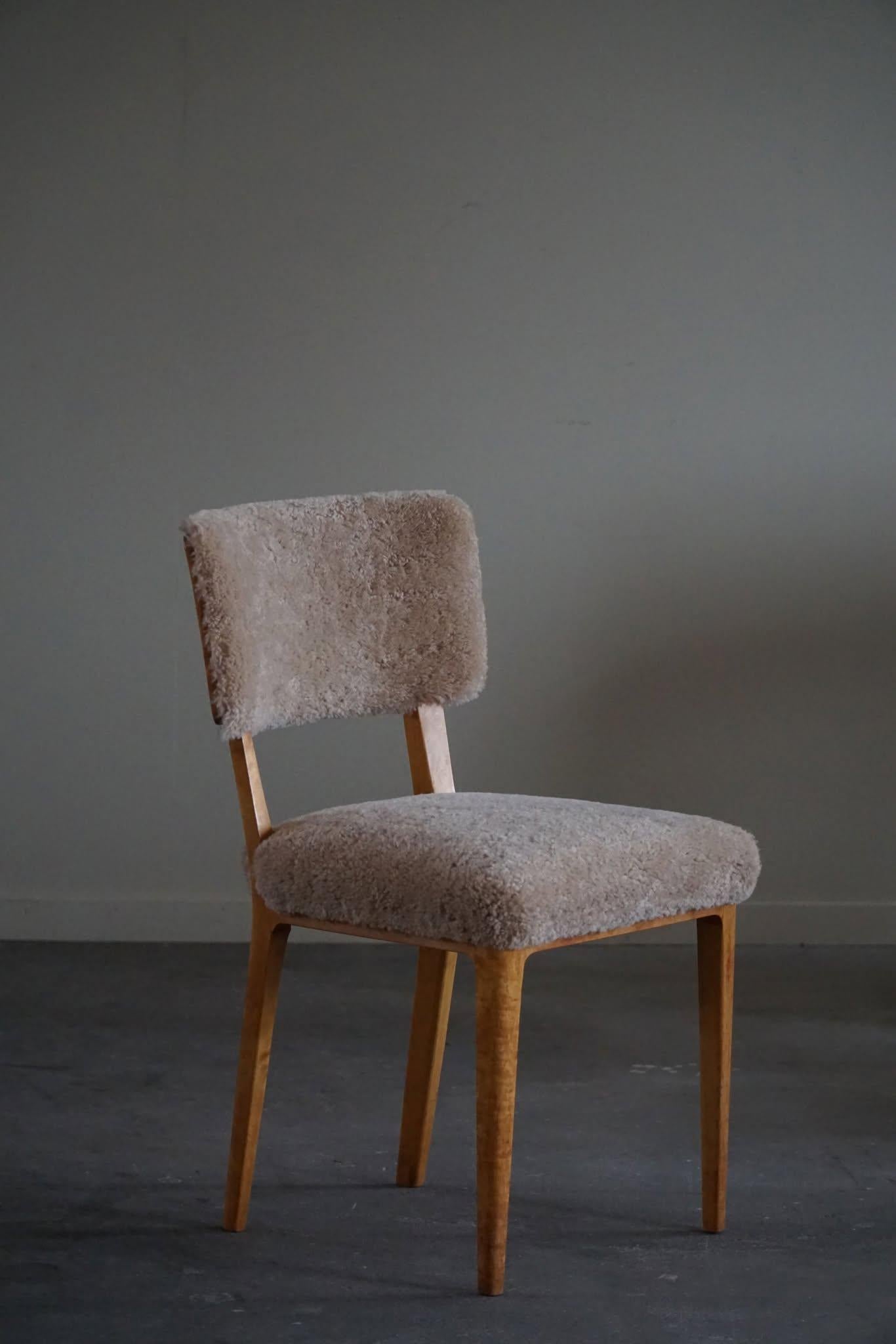 Swedish Modern, Set of 6 Dining Chairs, Lambswool & Birch, Axel Larsson, 1950s 7