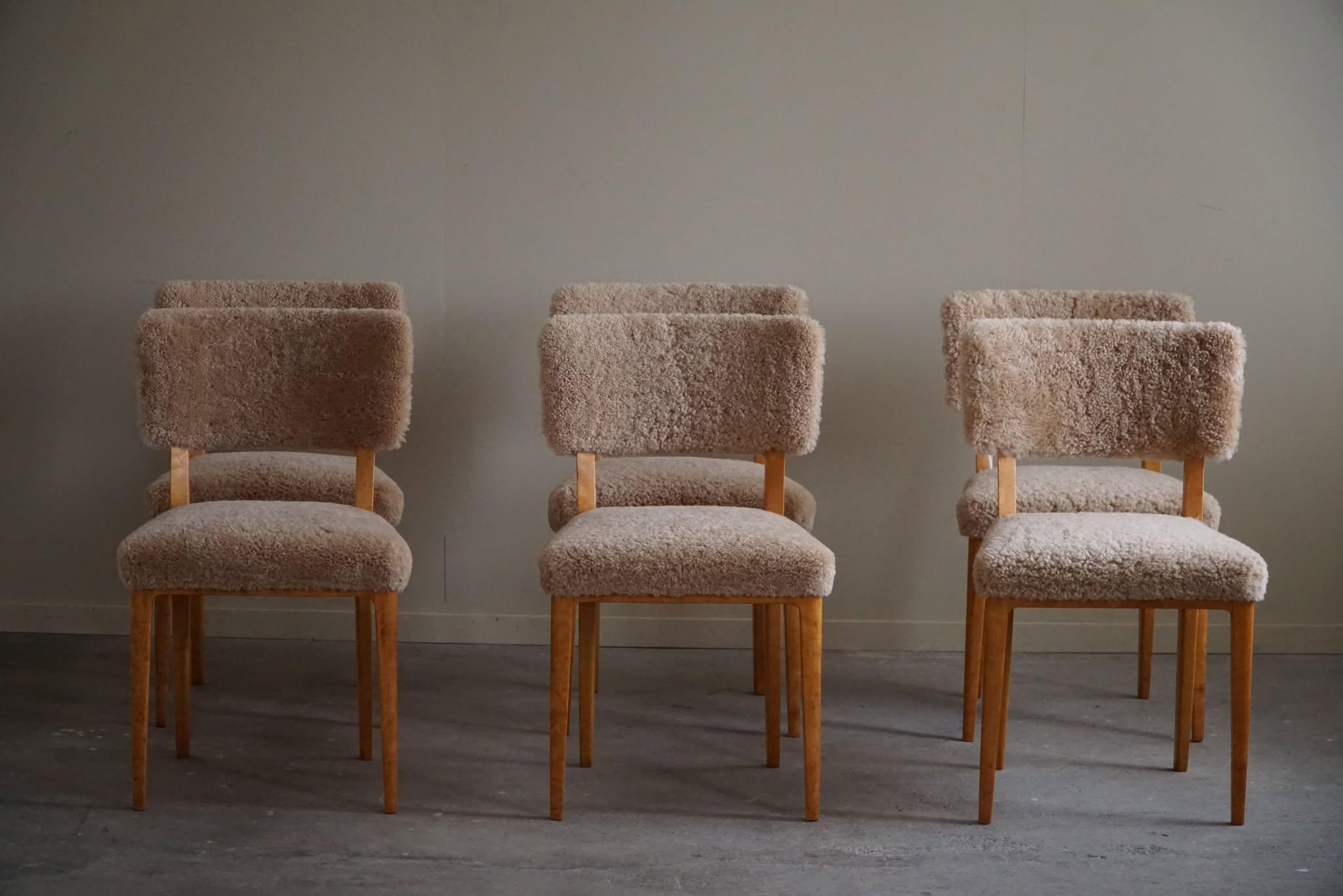 Swedish Modern, Set of 6 Dining Chairs, Lambswool & Birch, Axel Larsson, 1950s 9