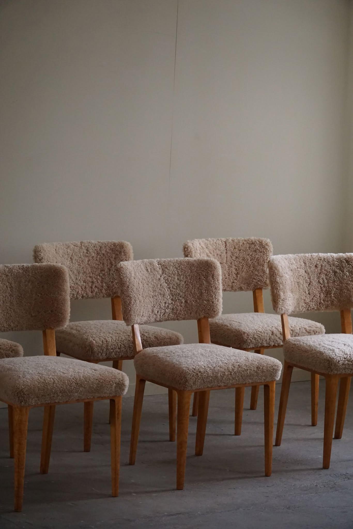 Swedish Modern, Set of 6 Dining Chairs, Lambswool & Birch, Axel Larsson, 1950s 12