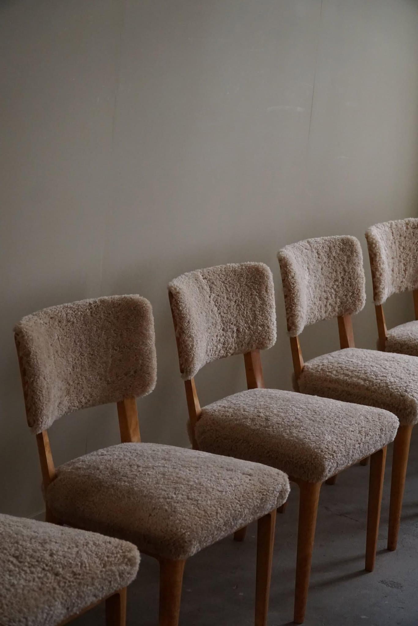 Swedish Modern, Set of 6 Dining Chairs, Lambswool & Birch, Axel Larsson, 1950s 13