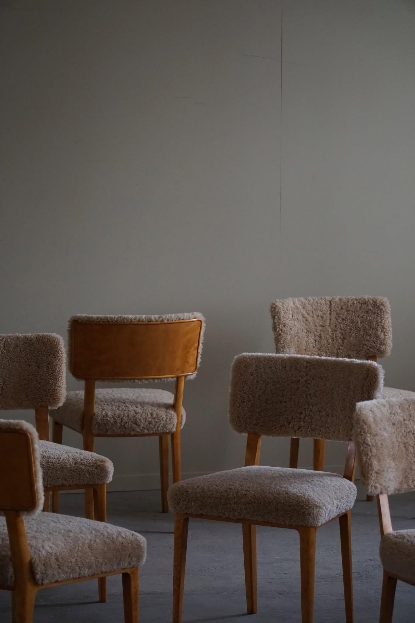 Mid-Century Modern Swedish Modern, Set of 6 Dining Chairs, Lambswool & Birch, Axel Larsson, 1950s