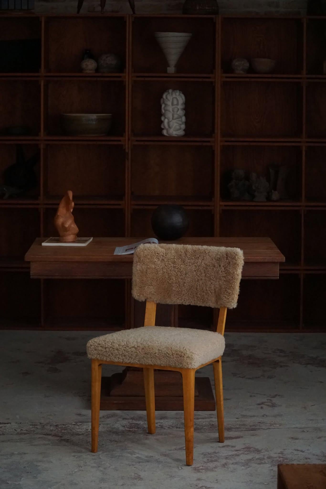Lambskin Swedish Modern, Set of 6 Dining Chairs, Lambswool & Birch, Axel Larsson, 1950s