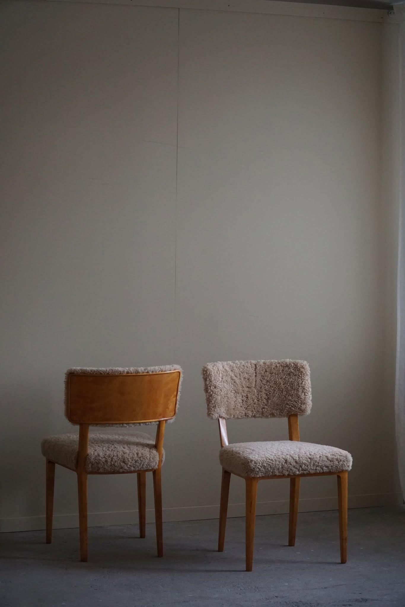 Swedish Modern, Set of 6 Dining Chairs, Lambswool & Birch, Axel Larsson, 1950s 1