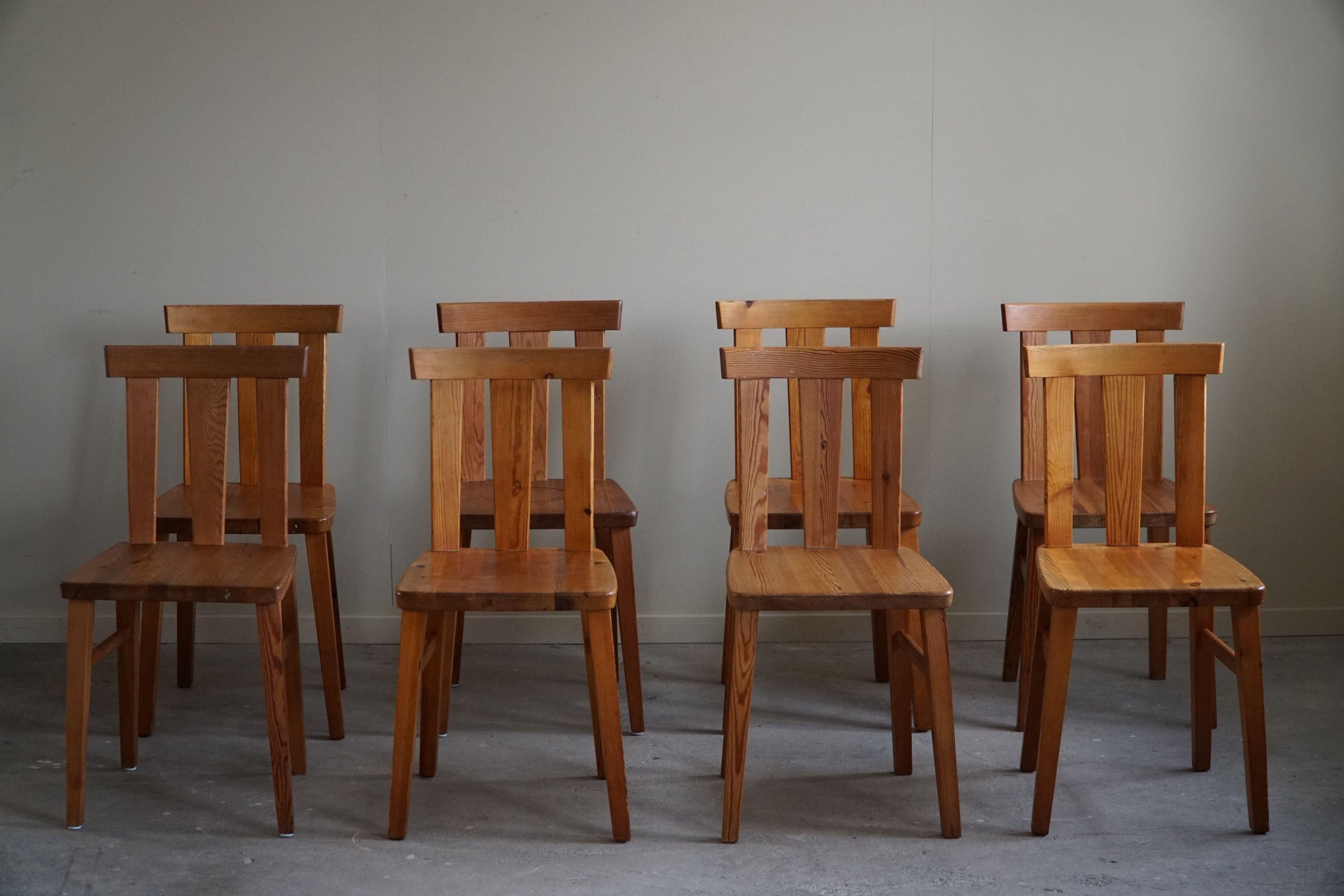 Hand-Crafted Swedish Modern, Set of 8 Chairs in Solid Pine, Axel Einar Hjorth Style, 1950s