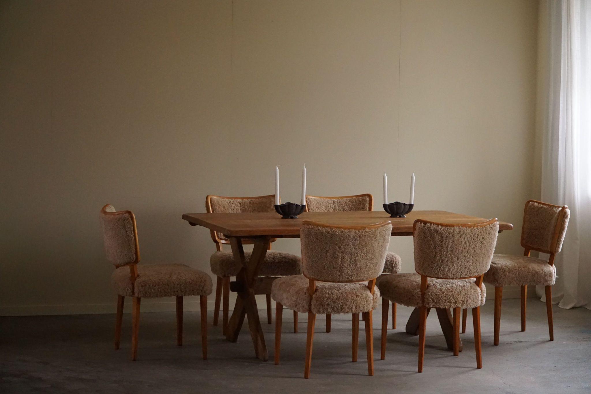 Swedish Modern, Set of 8 Dining Chairs, Lambswool & Elm, AB Malmö Kåpe, 1950s For Sale 5