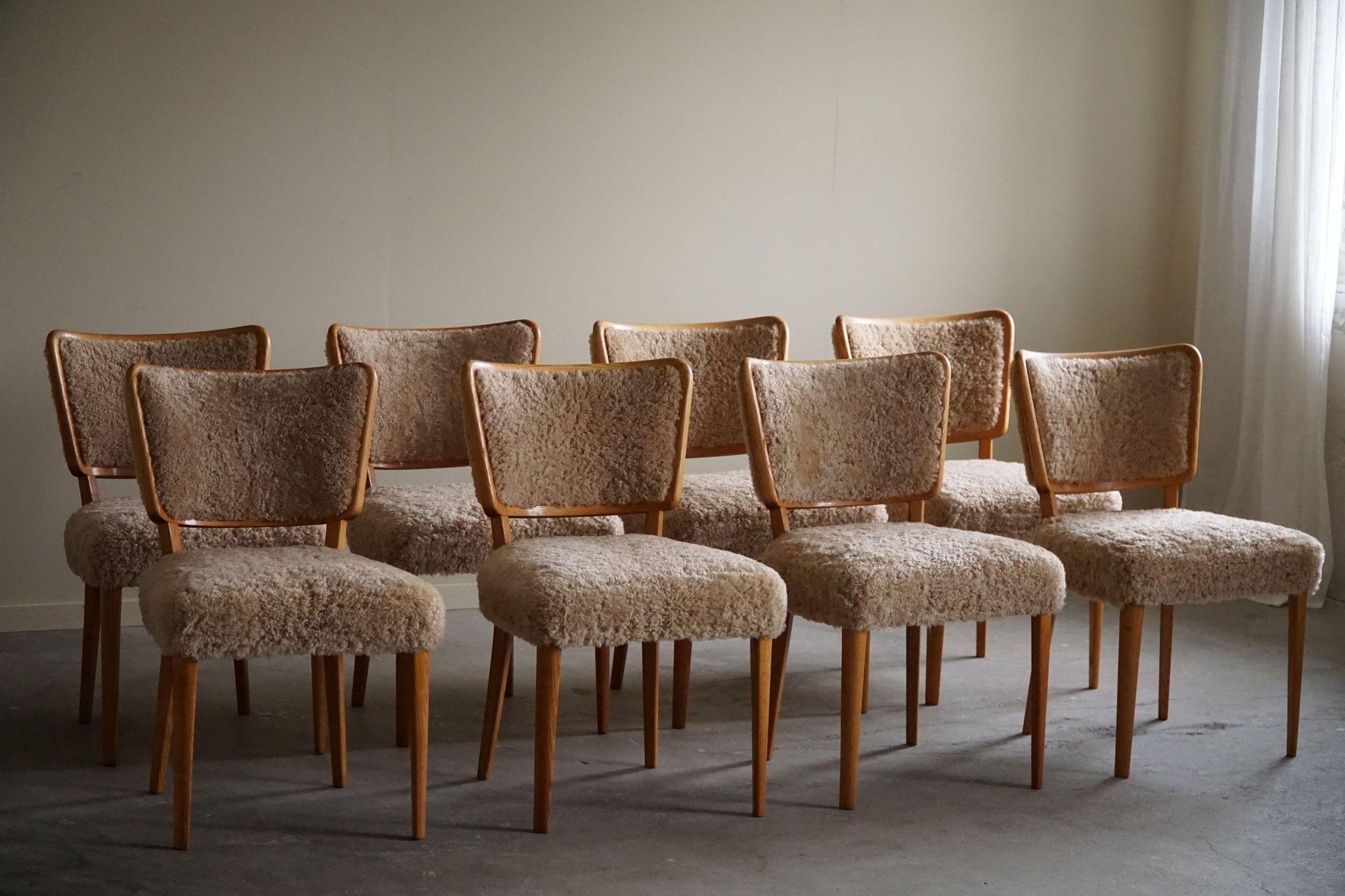 Swedish Modern, Set of 8 Dining Chairs, Lambswool & Elm, AB Malmö Kåpe, 1950s For Sale 9