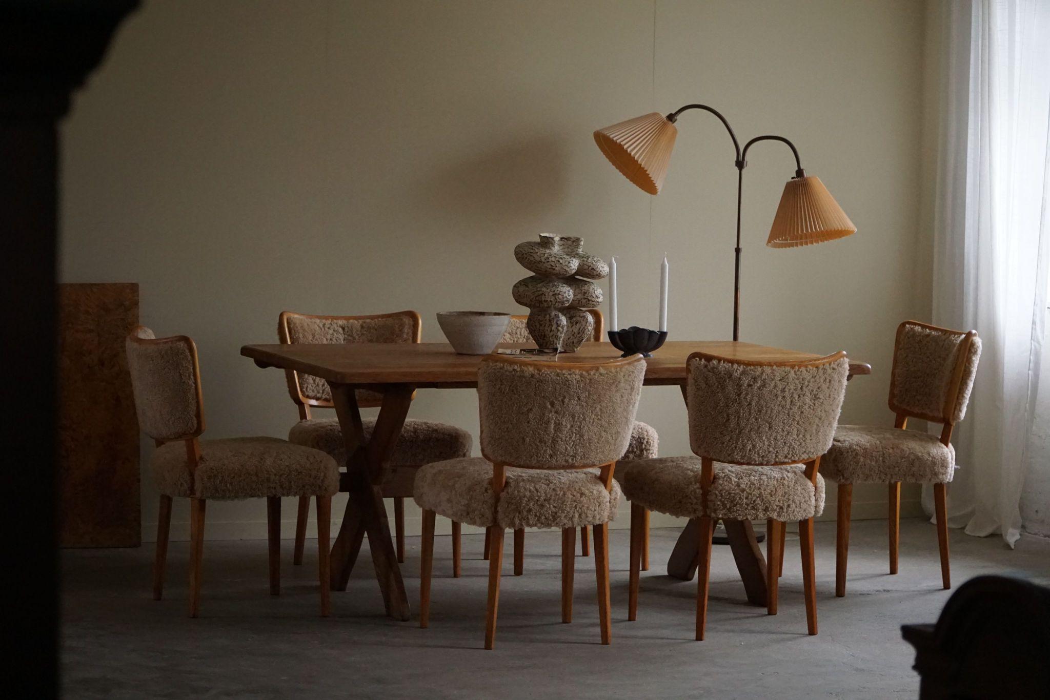 Mid-Century Modern Swedish Modern, Set of 8 Dining Chairs, Lambswool & Elm, AB Malmö Kåpe, 1950s For Sale