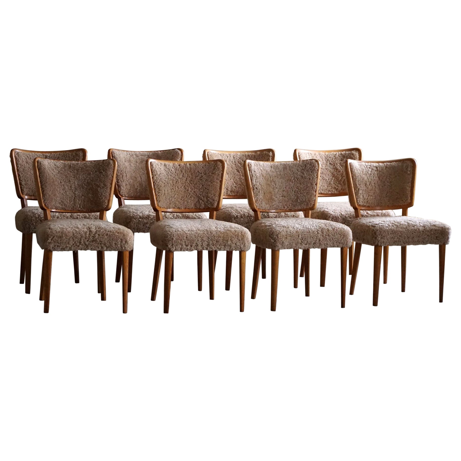 Swedish Modern, Set of 8 Dining Chairs, Lambswool & Elm, AB Malmö Kåpe, 1950s